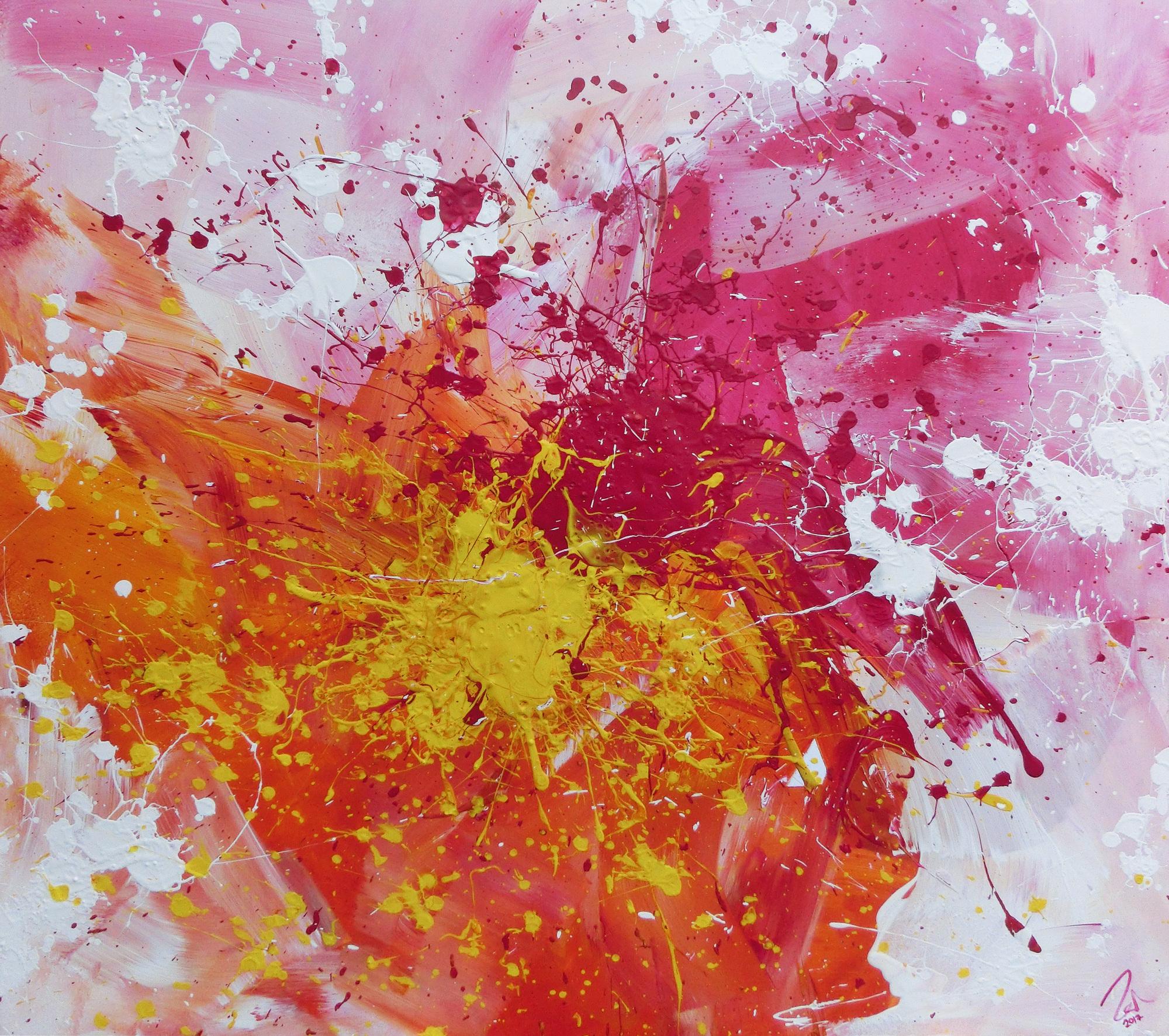 Abstraktes Acrylbild sehr modern in gelb weiß und pink Action Painting Splash Art