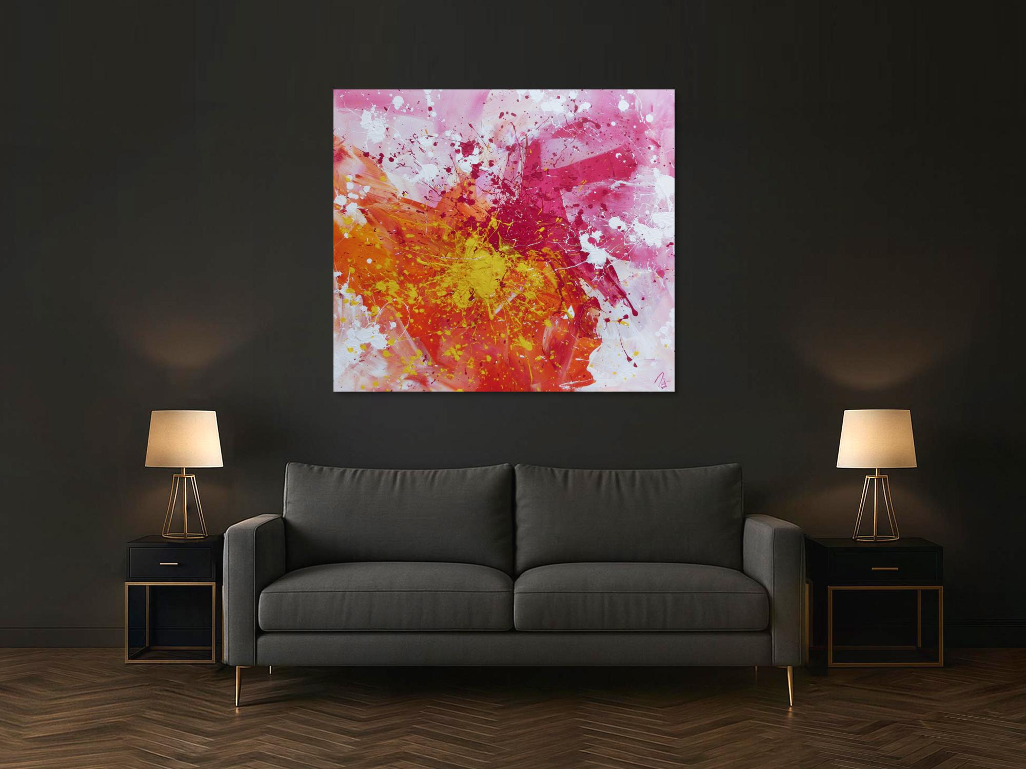 Abstraktes Acrylbild sehr modern in gelb weiß und pink Action Painting Splash Art