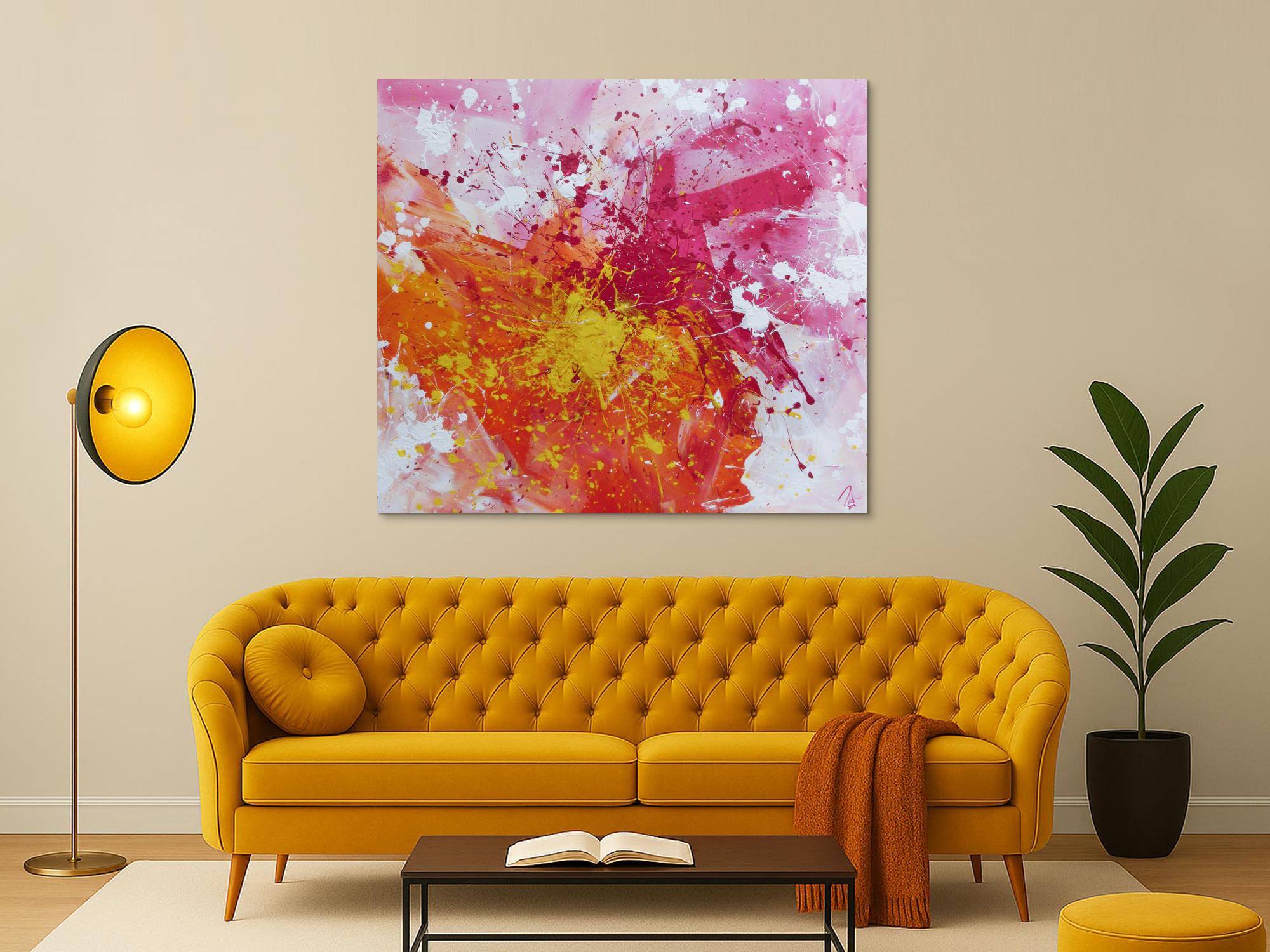 Abstraktes Acrylbild sehr modern in gelb weiß und pink Action Painting Splash Art