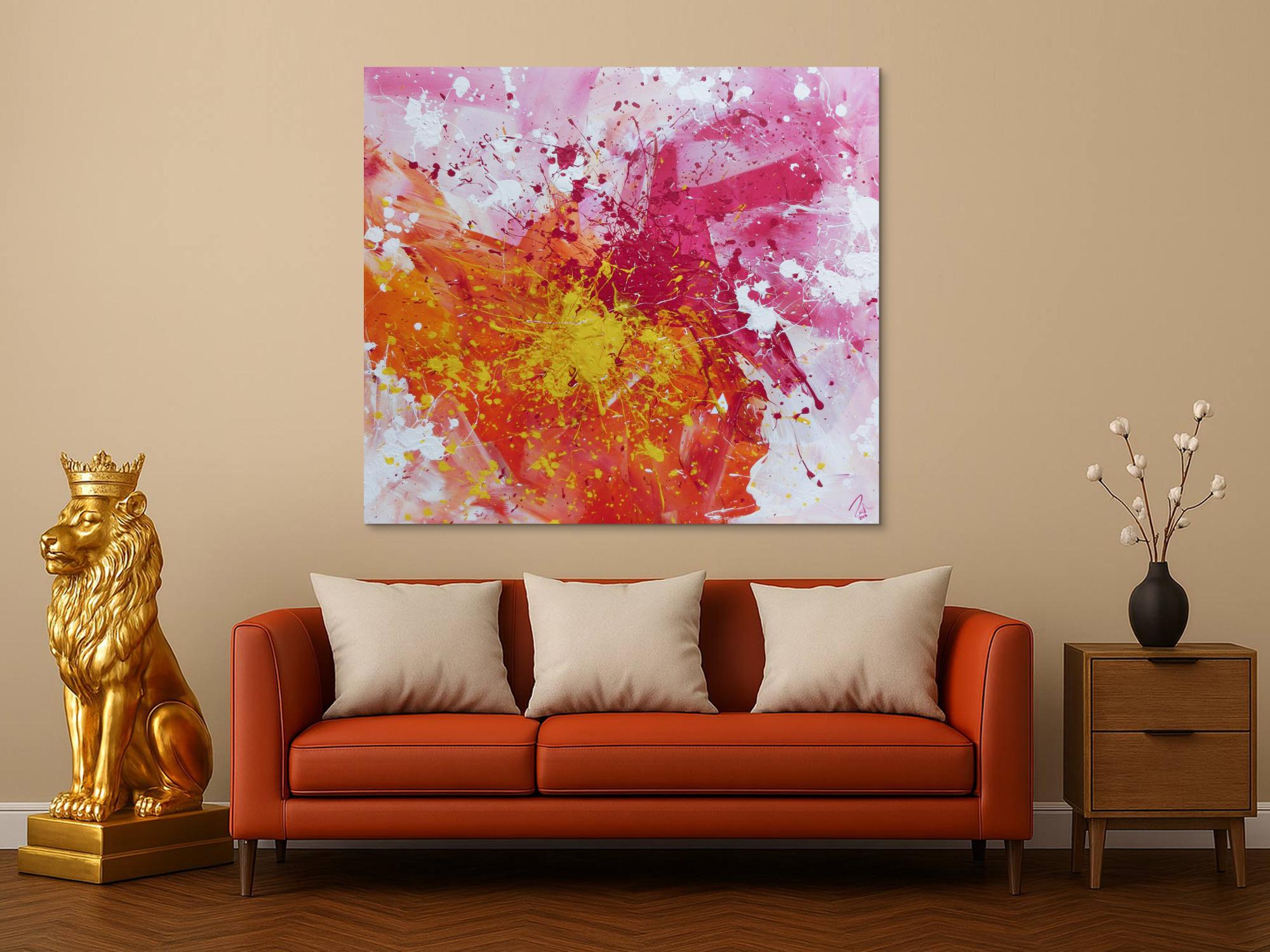 Abstraktes Acrylbild sehr modern in gelb weiß und pink Action Painting Splash Art
