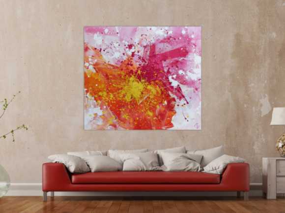 Abstraktes Acrylbild sehr modern in gelb weiß und pink Action Painting Splash Art