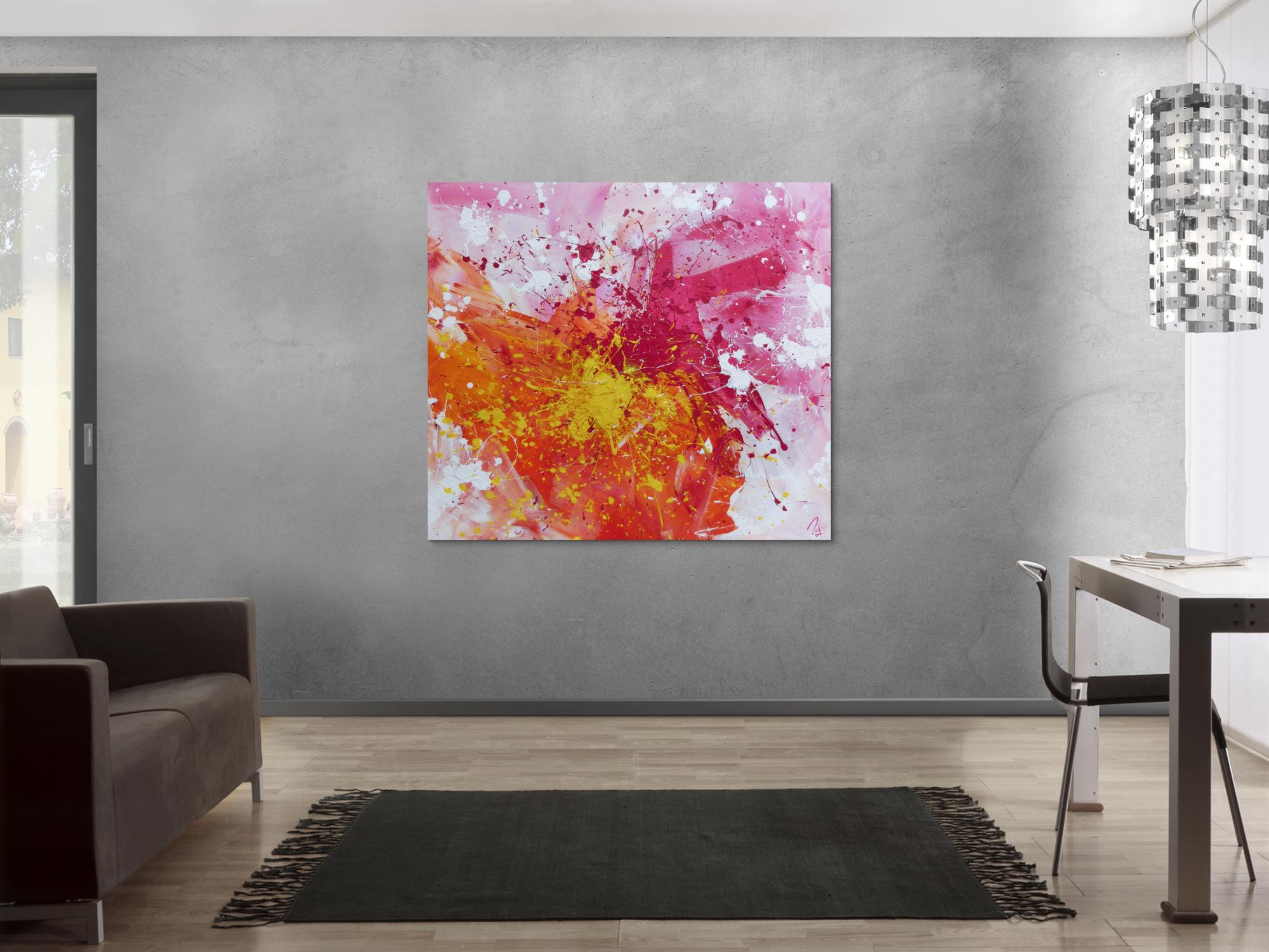 Abstraktes Acrylbild sehr modern in gelb weiß und pink Action Painting Splash Art