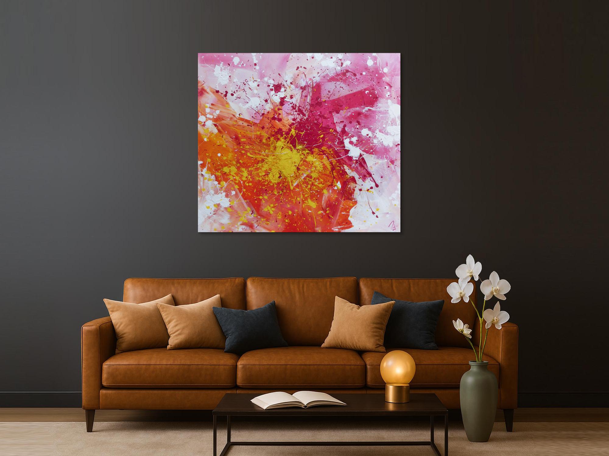 Abstraktes Acrylbild sehr modern in gelb weiß und pink Action Painting Splash Art