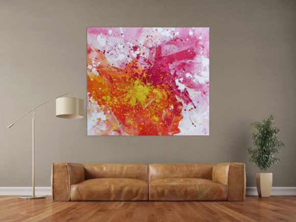 Abstraktes Acrylbild sehr modern in gelb weiß und pink Action Painting Splash Art