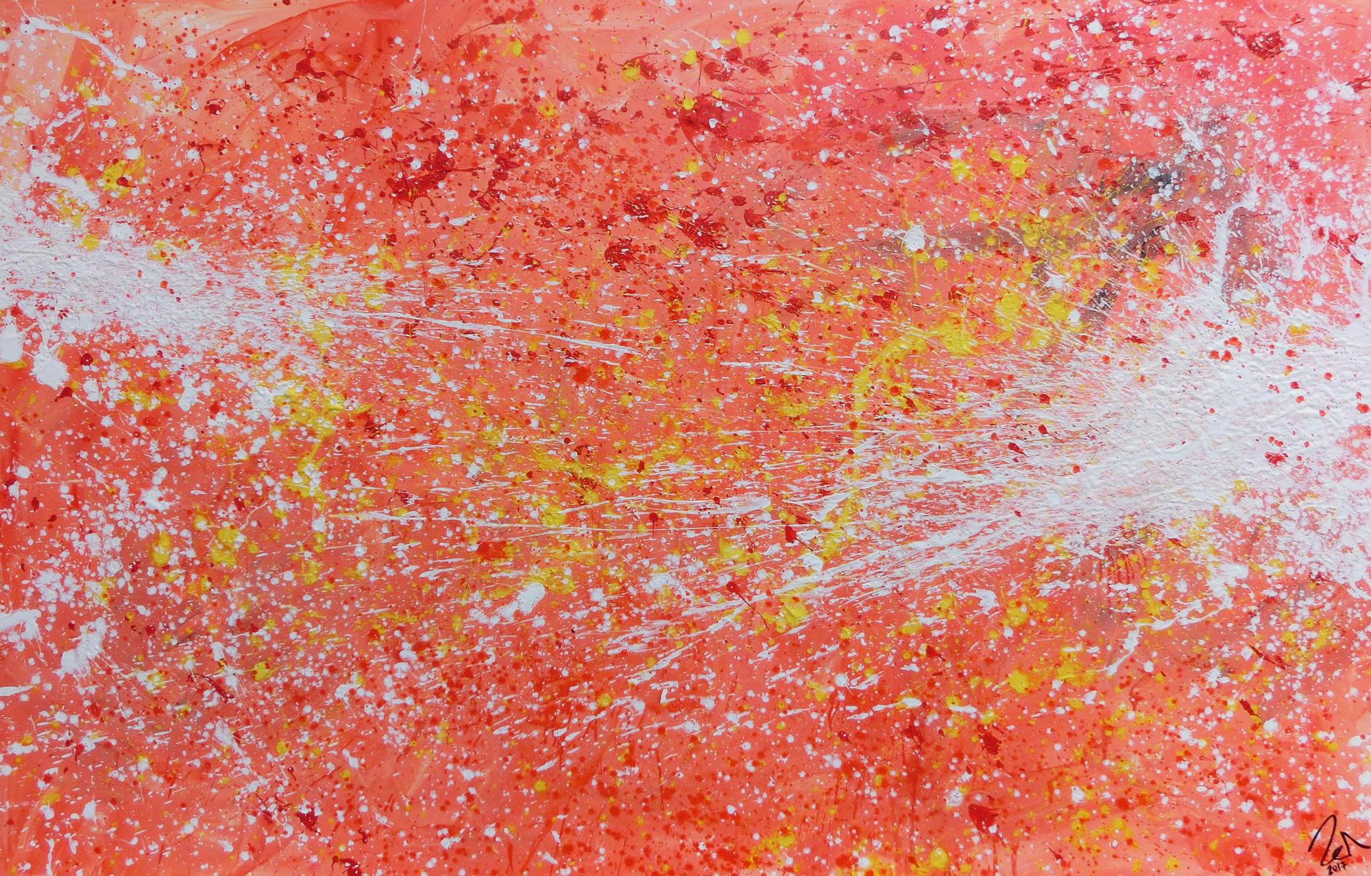 Abstraktes Acrylbild sehr modern Action Painting in orange weiß blass rosa rot gelb
