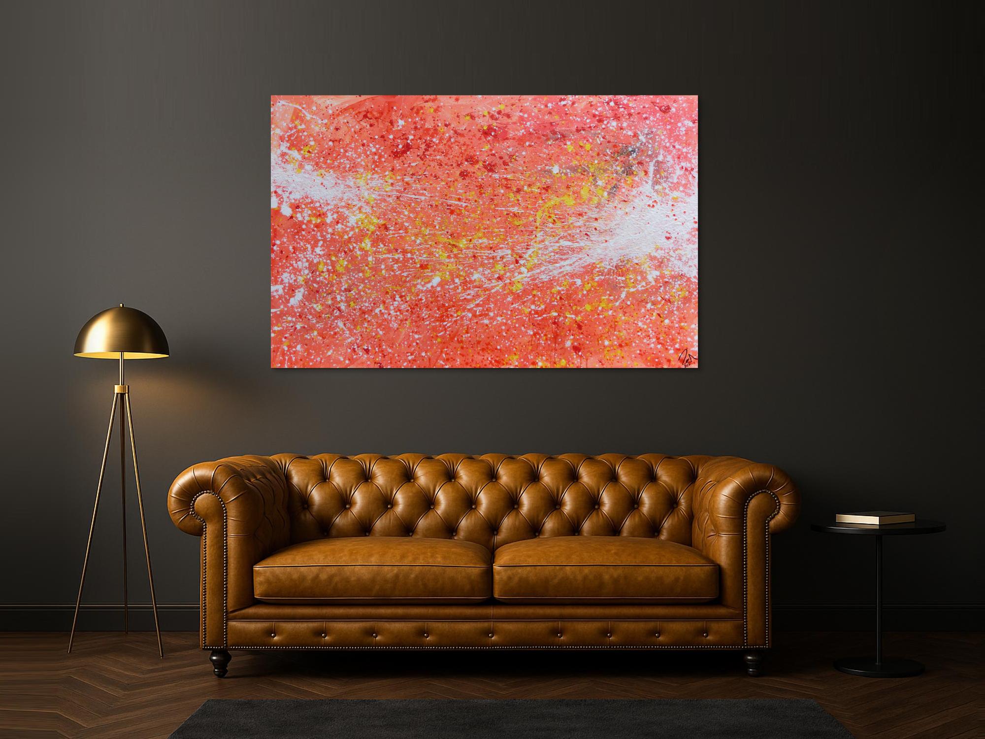 Abstraktes Acrylbild sehr modern Action Painting in orange weiß blass rosa rot gelb