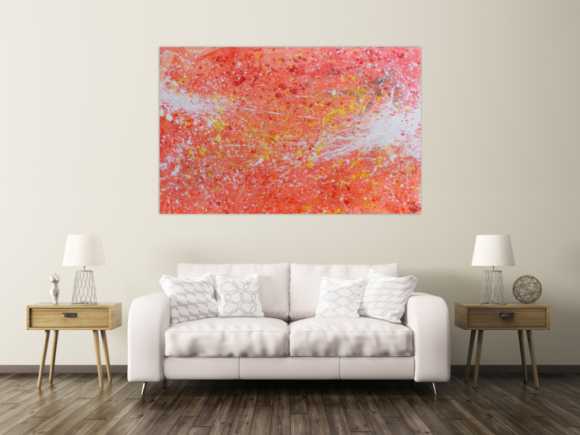 Abstraktes Acrylbild sehr modern Action Painting in orange weiß blass rosa rot gelb