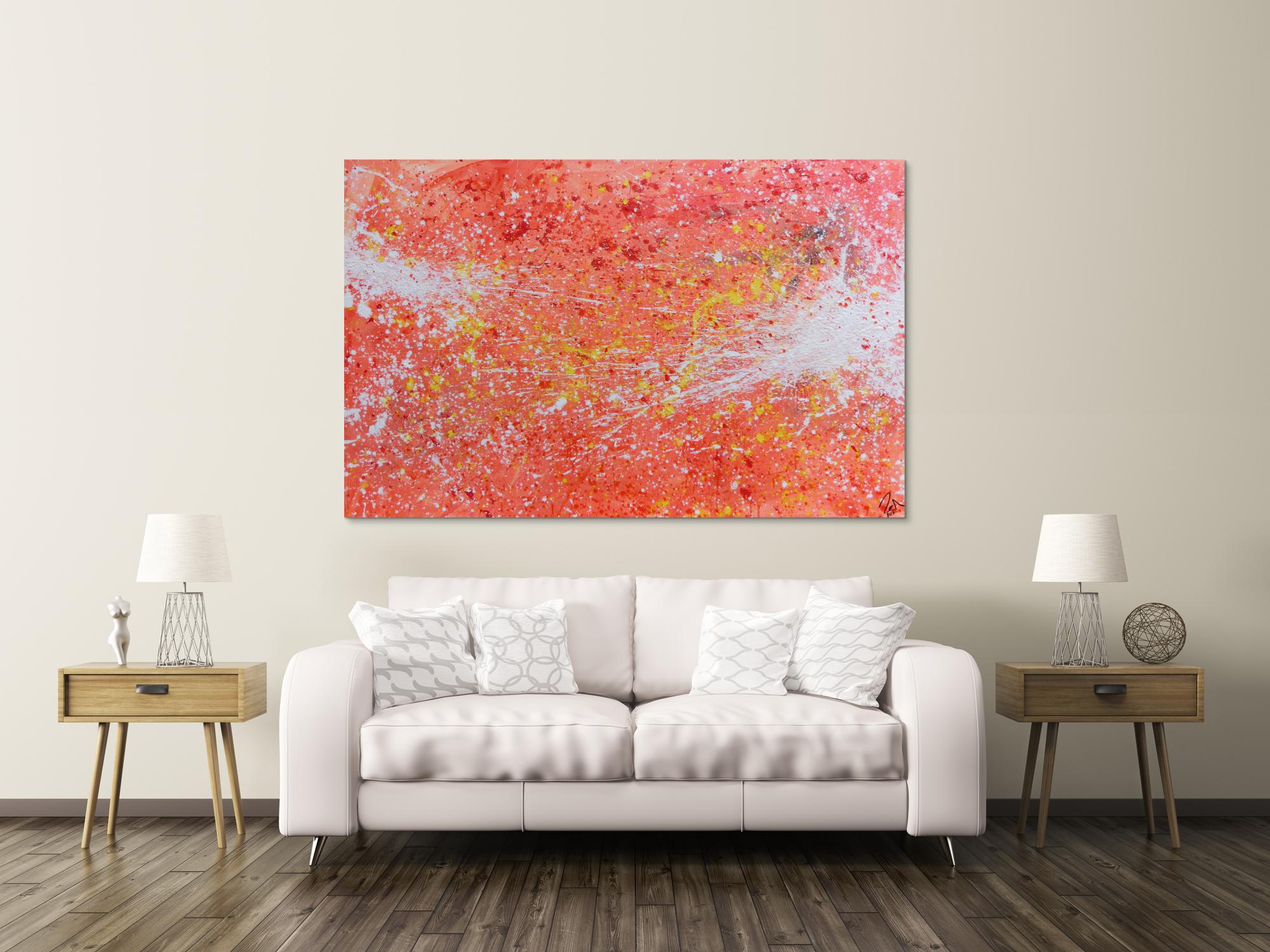 Abstraktes Acrylbild sehr modern Action Painting in orange weiß blass rosa rot gelb