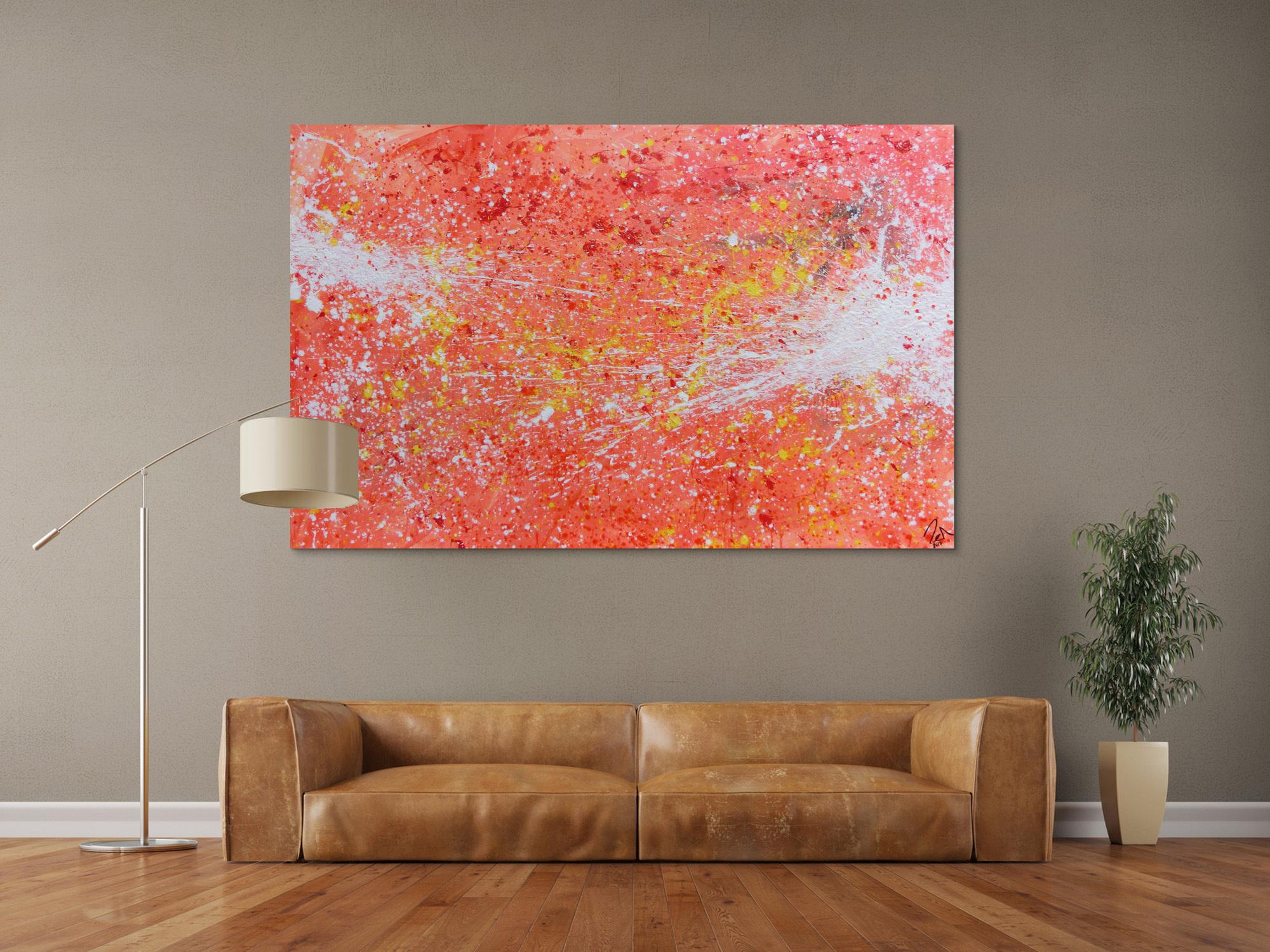 Abstraktes Acrylbild sehr modern Action Painting in orange weiß blass rosa rot gelb