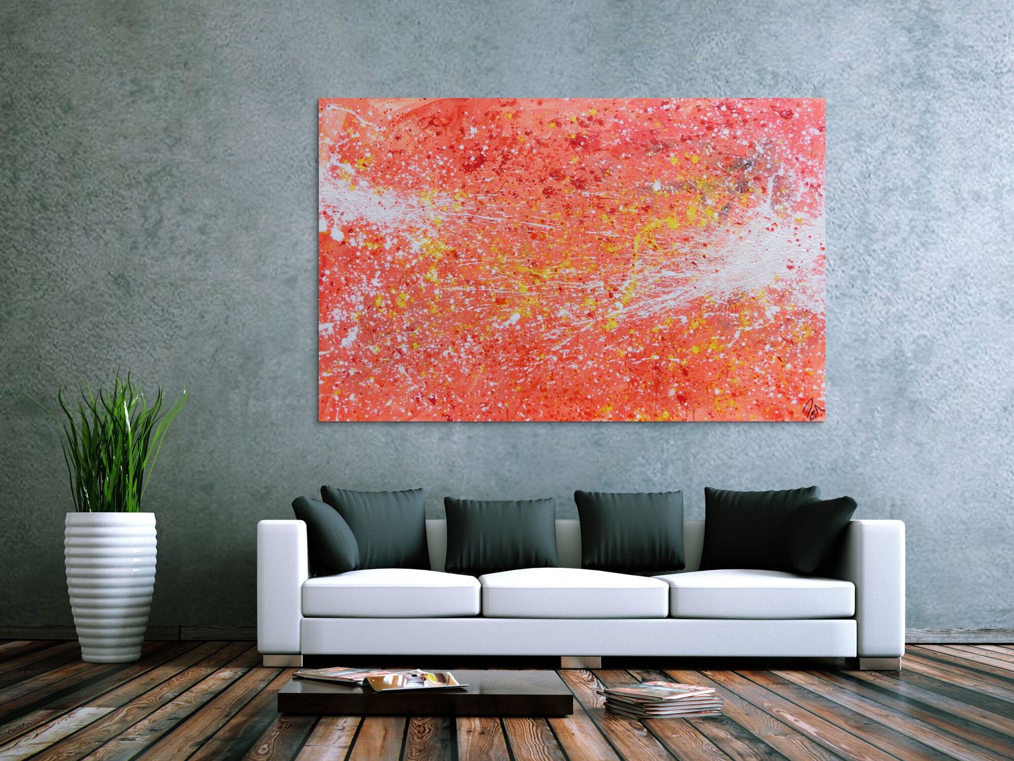 Abstraktes Acrylbild sehr modern Action Painting in orange weiß blass rosa rot gelb