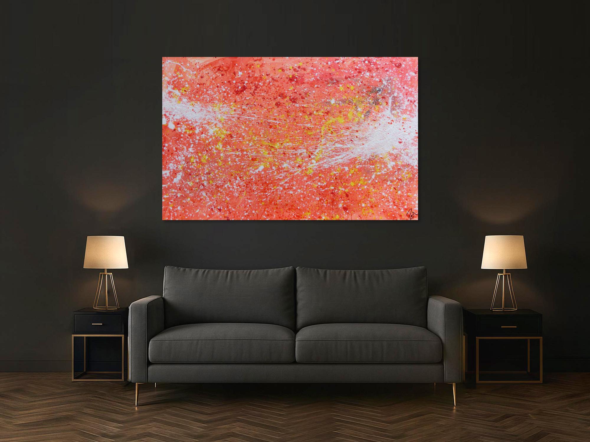 Abstraktes Acrylbild sehr modern Action Painting in orange weiß blass rosa rot gelb