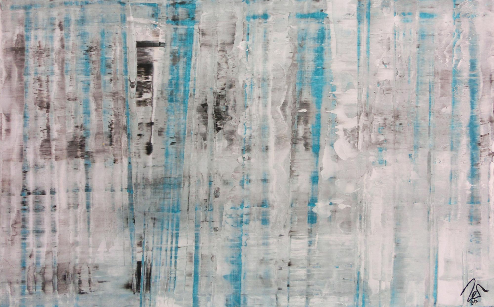 Abstraktes Acrylbild Spachteltechnik sehr modern in weiß grau türkis