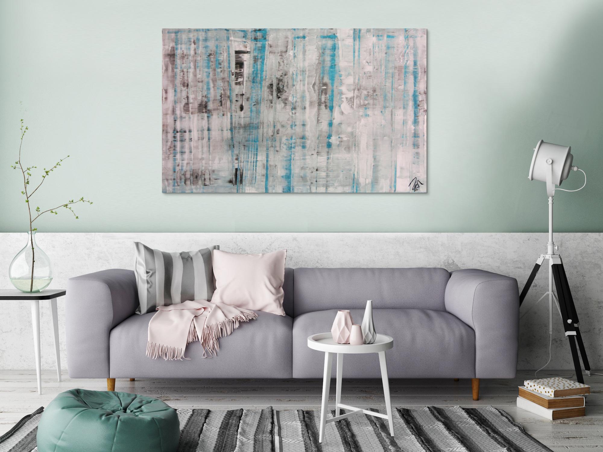 Abstraktes Acrylbild Spachteltechnik sehr modern in weiß grau türkis