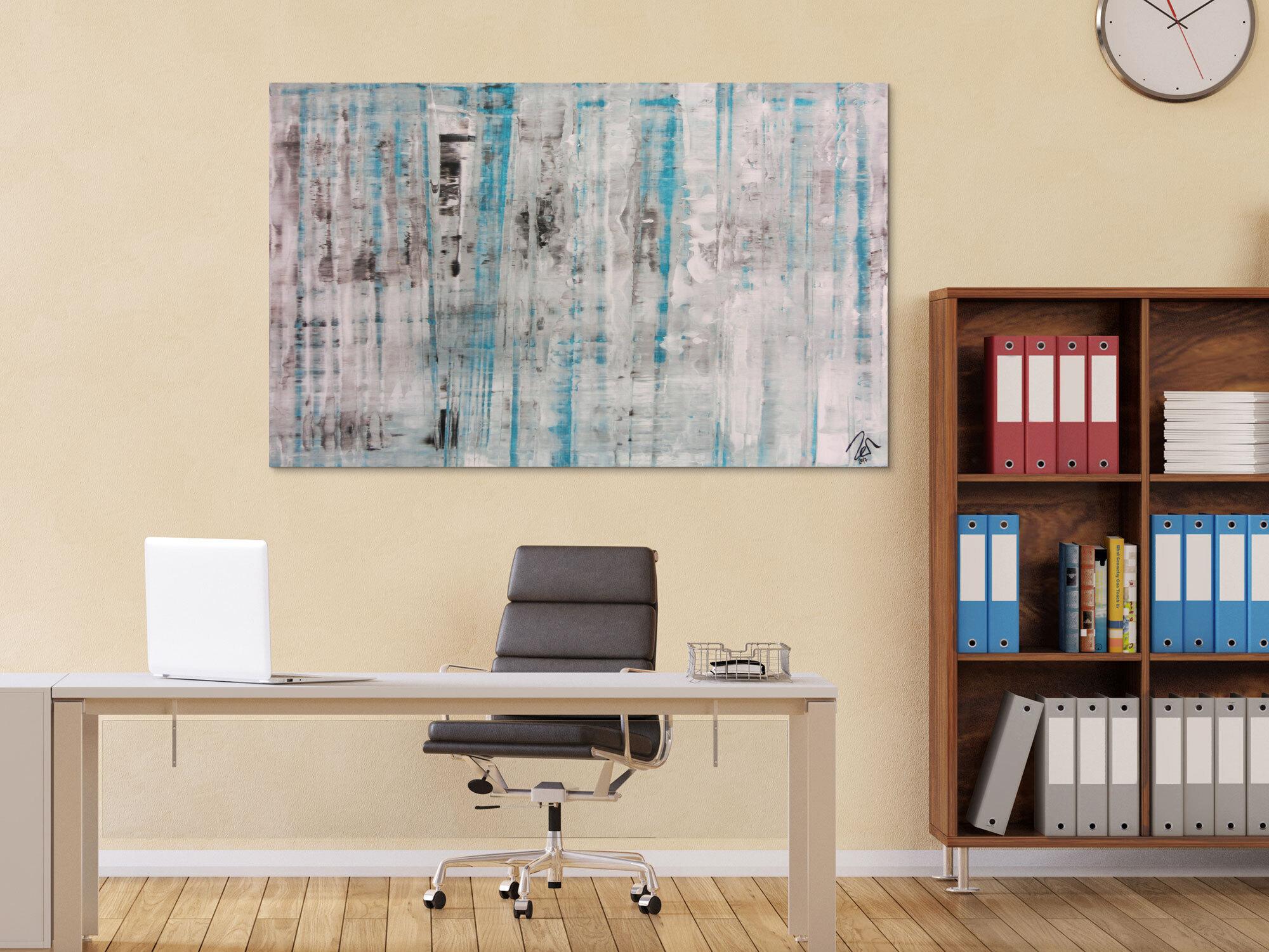 Abstraktes Acrylbild Spachteltechnik sehr modern in weiß grau türkis