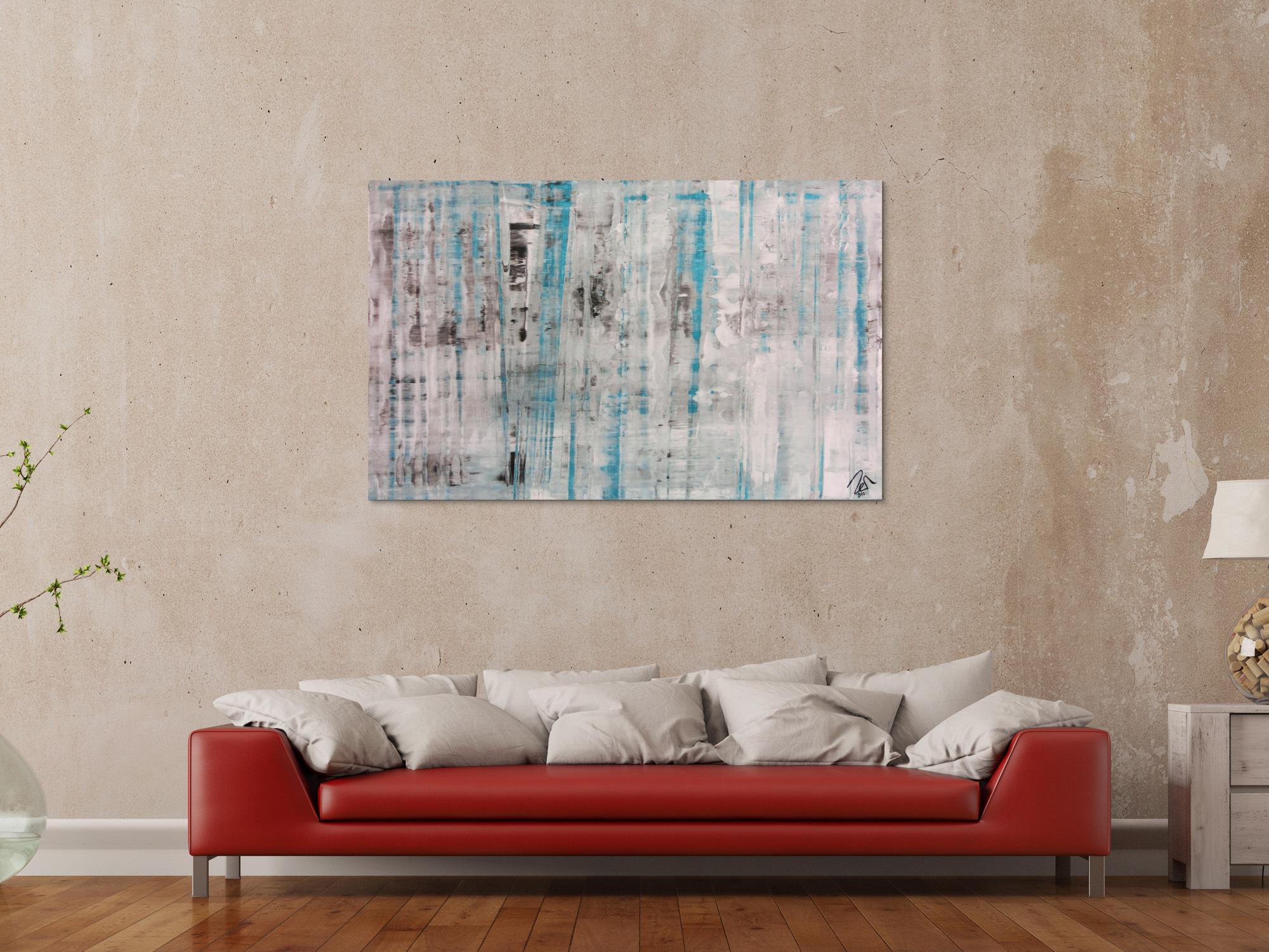 Abstraktes Acrylbild Spachteltechnik sehr modern in weiß grau türkis