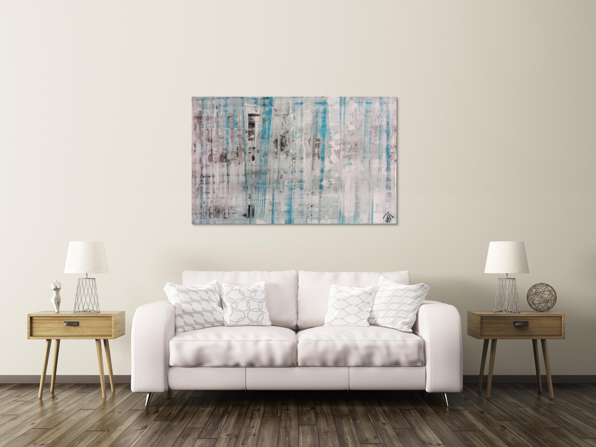 Abstraktes Acrylbild Spachteltechnik sehr modern in weiß grau türkis