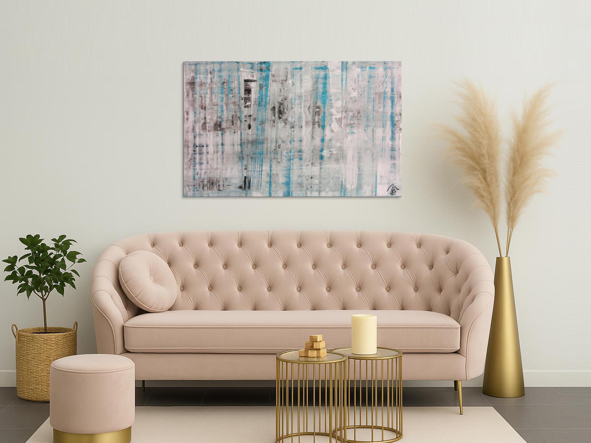 Abstraktes Acrylbild Spachteltechnik sehr modern in weiß grau türkis