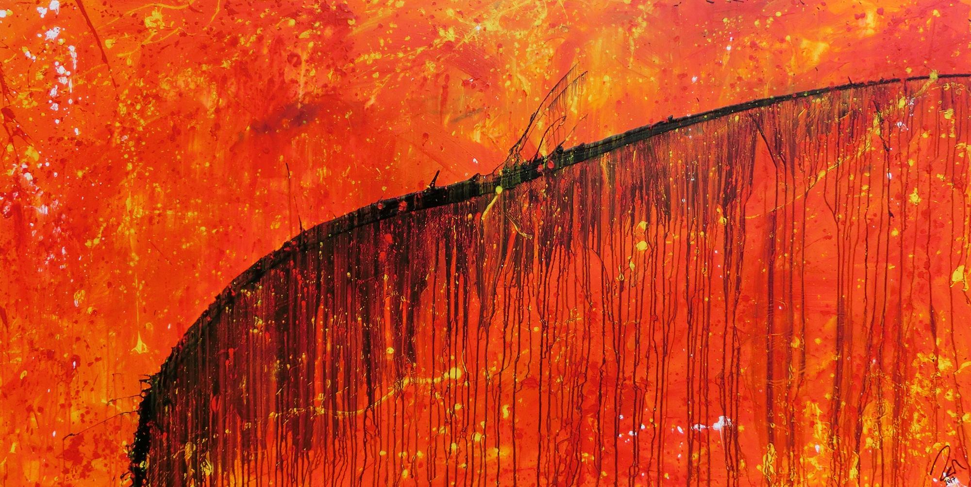Abstraktes Acrylbild sehr modern Action Painting orange mit schwarzem Strich