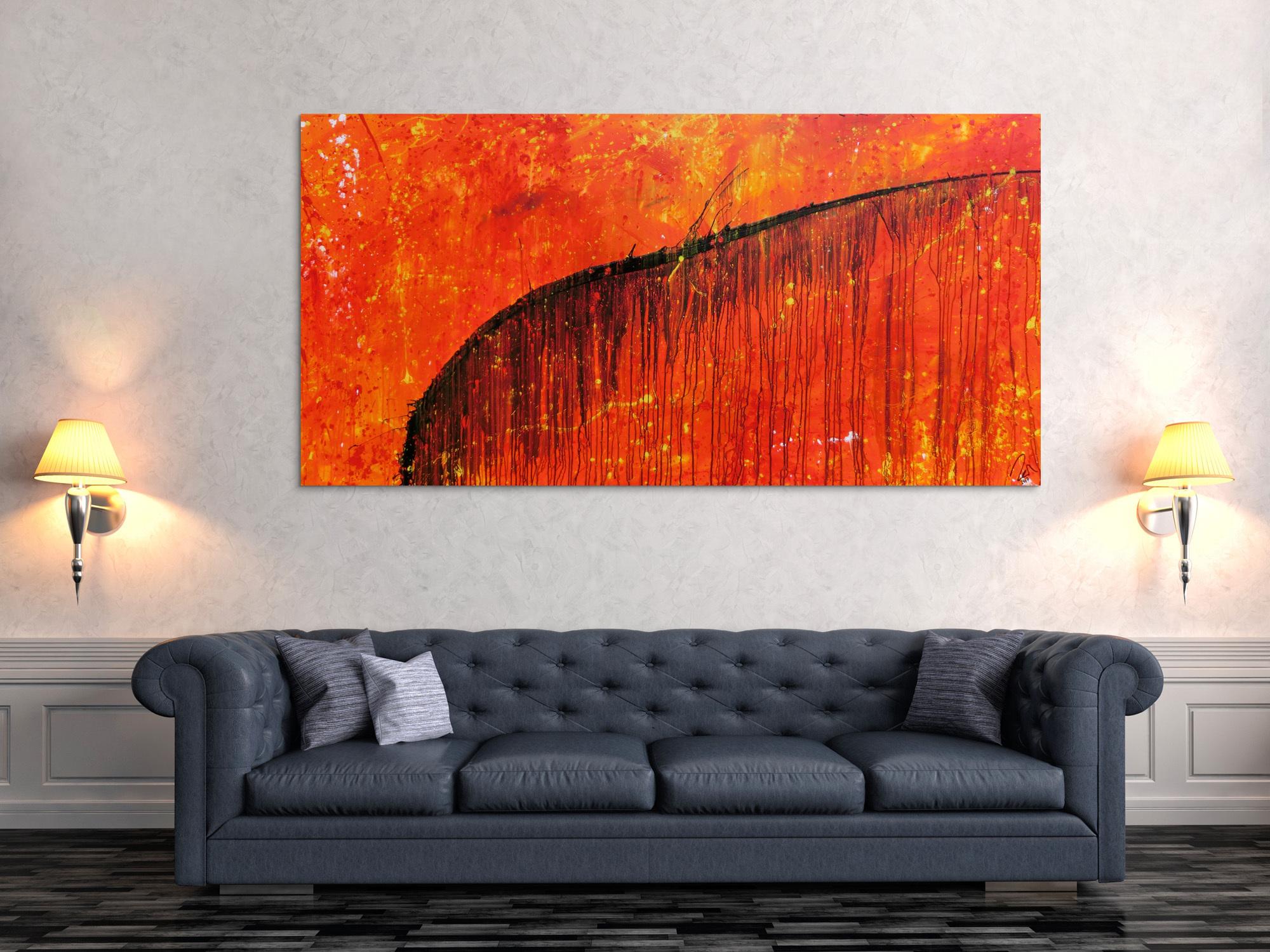 Abstraktes Acrylbild sehr modern Action Painting orange mit schwarzem Strich