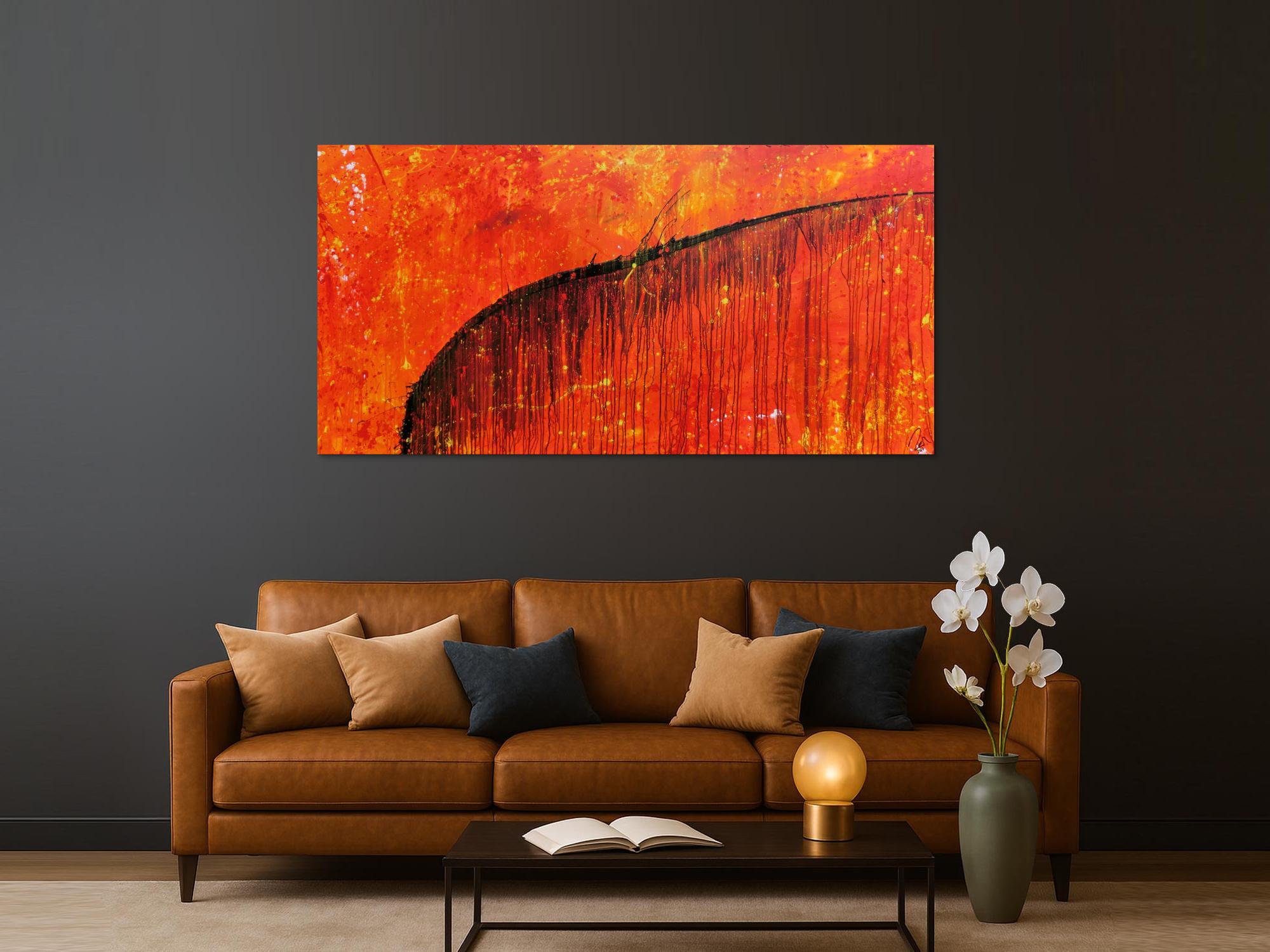 Abstraktes Acrylbild sehr modern Action Painting orange mit schwarzem Strich
