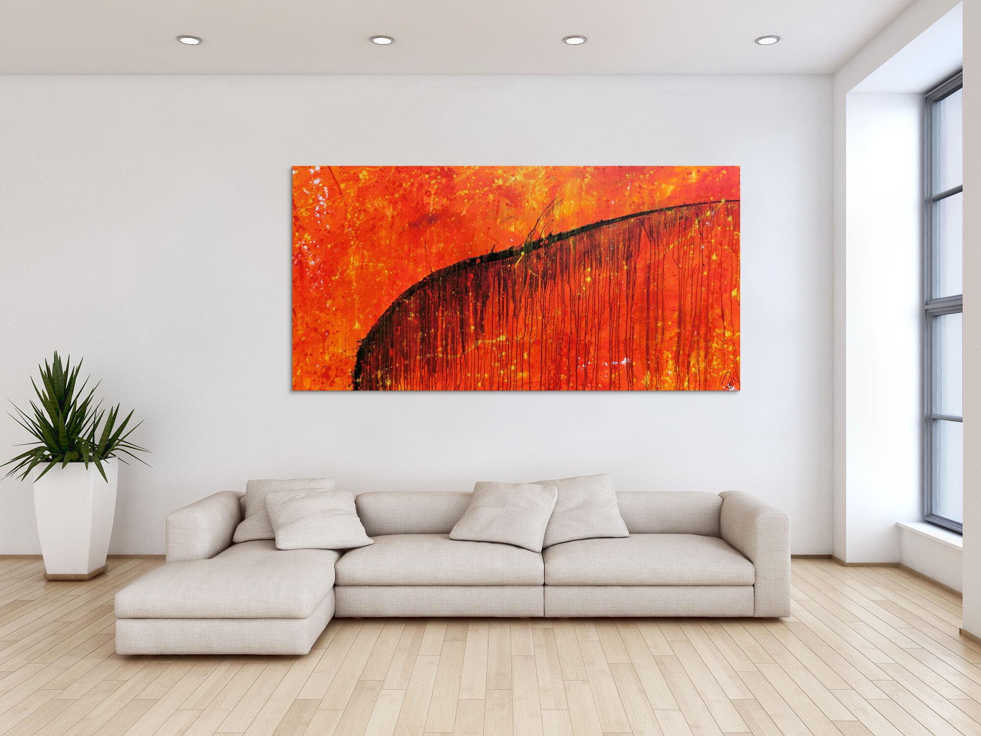 Abstraktes Acrylbild sehr modern Action Painting orange mit schwarzem Strich