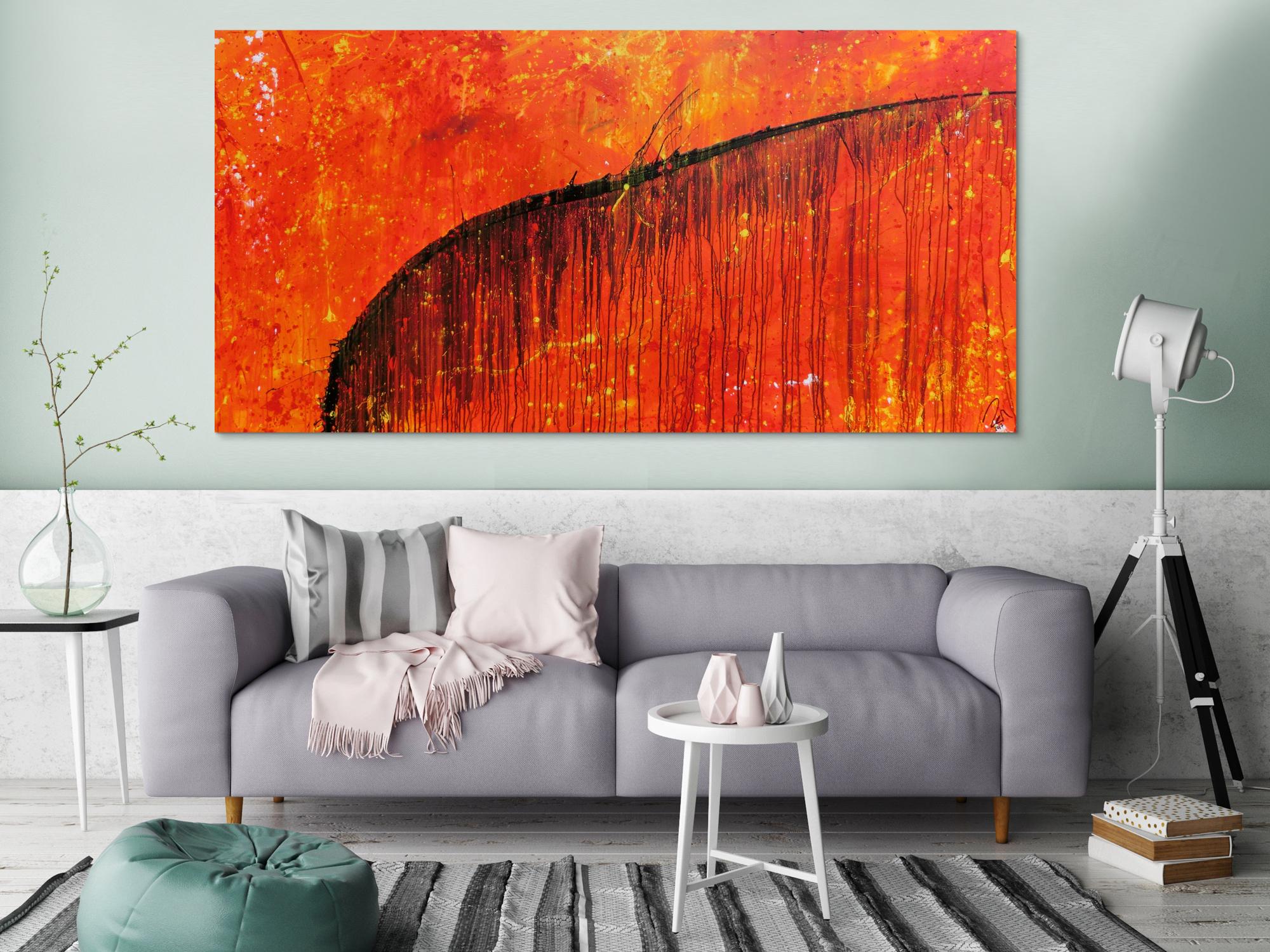 Abstraktes Acrylbild sehr modern Action Painting orange mit schwarzem Strich