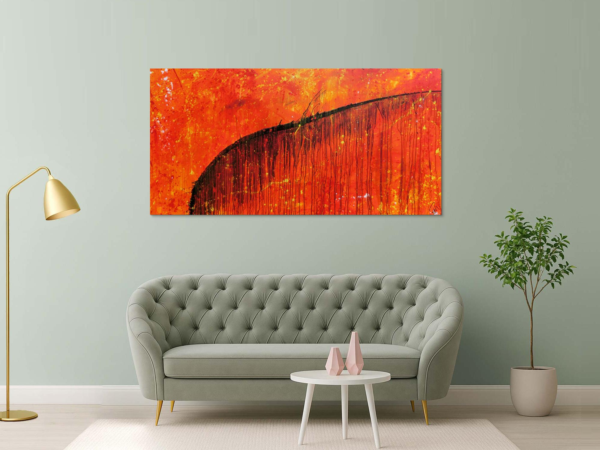 Abstraktes Acrylbild sehr modern Action Painting orange mit schwarzem Strich