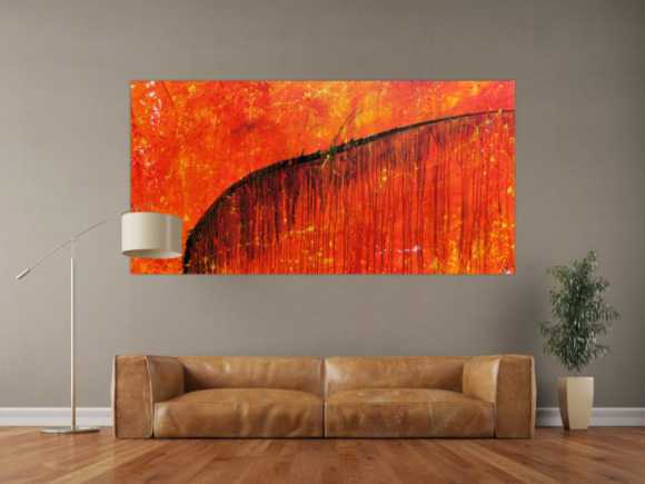 Abstraktes Acrylbild sehr modern Action Painting orange mit schwarzem Strich