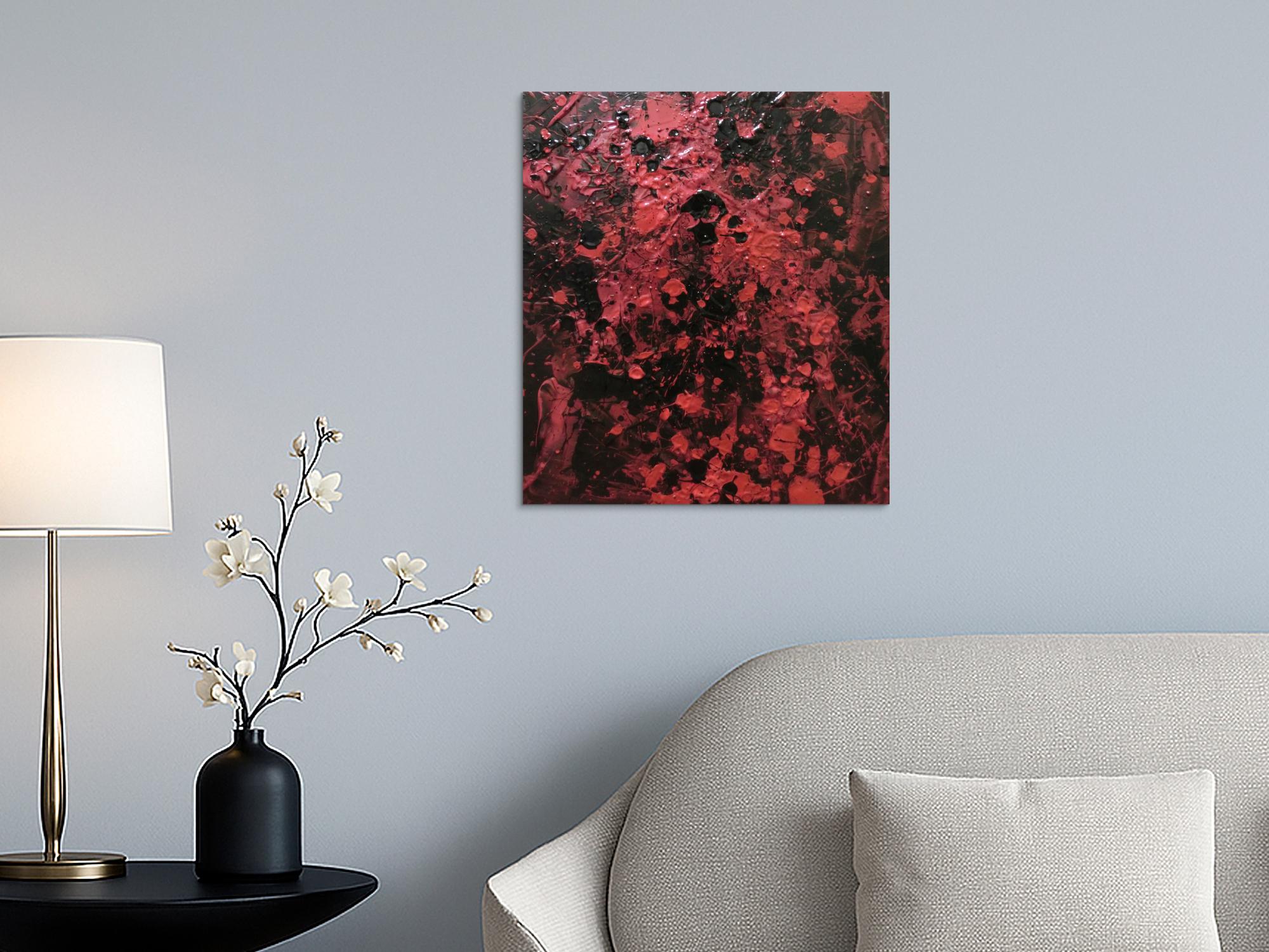 Abstraktes Acrylbild dunkel krapprot schwarz sehr modern Action Painting Splash Art