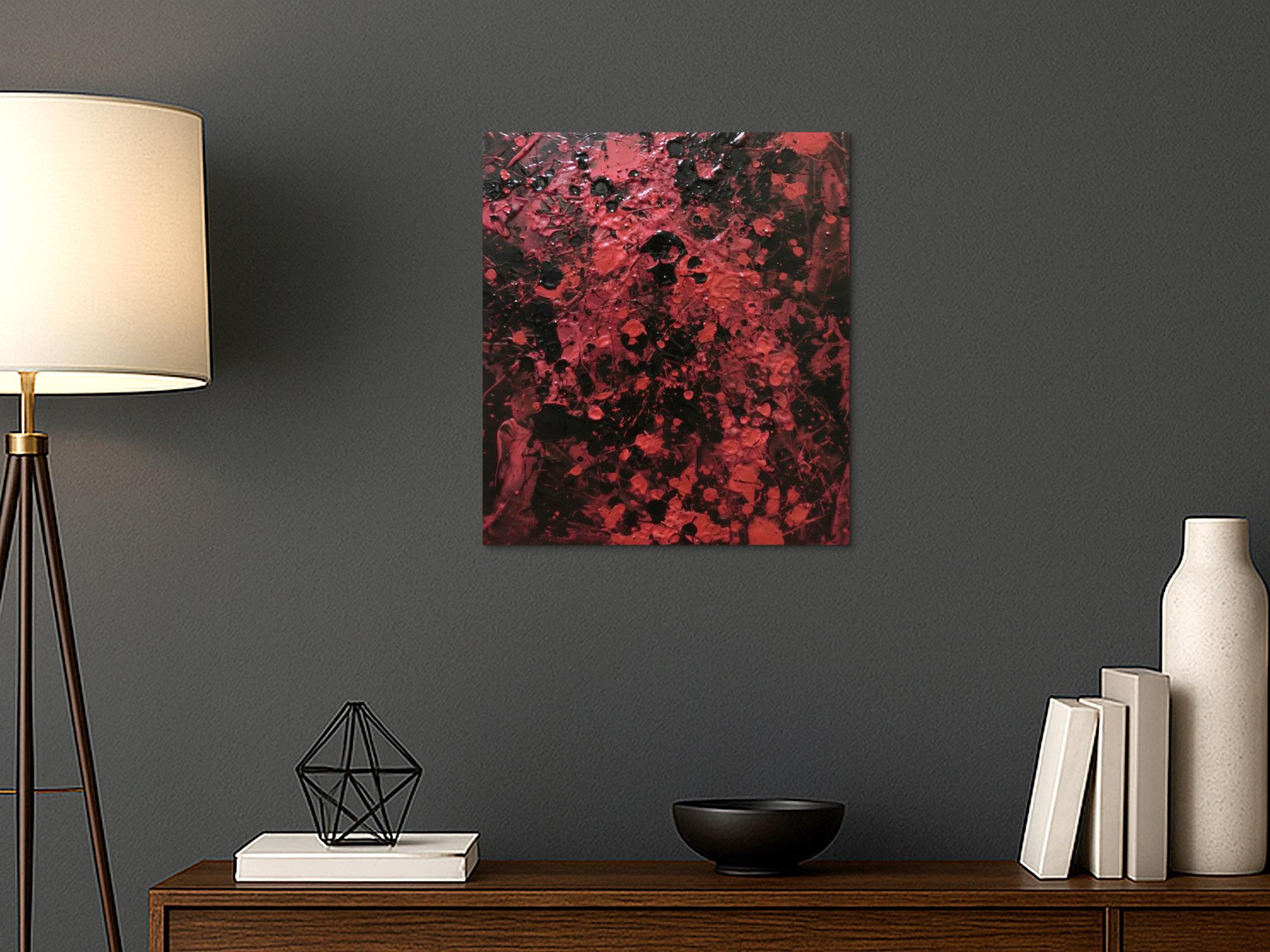 Abstraktes Acrylbild dunkel krapprot schwarz sehr modern Action Painting Splash Art