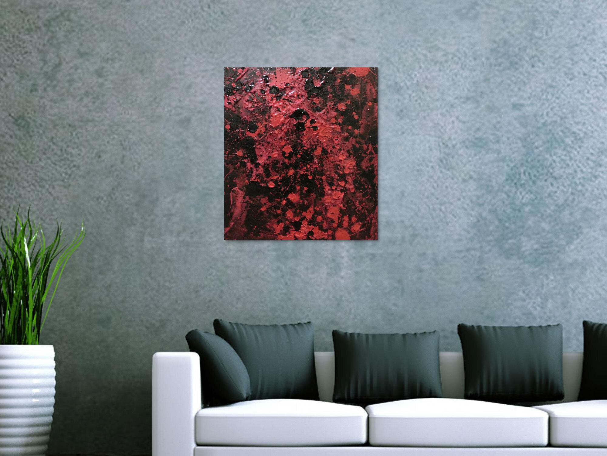 Abstraktes Acrylbild dunkel krapprot schwarz sehr modern Action Painting Splash Art