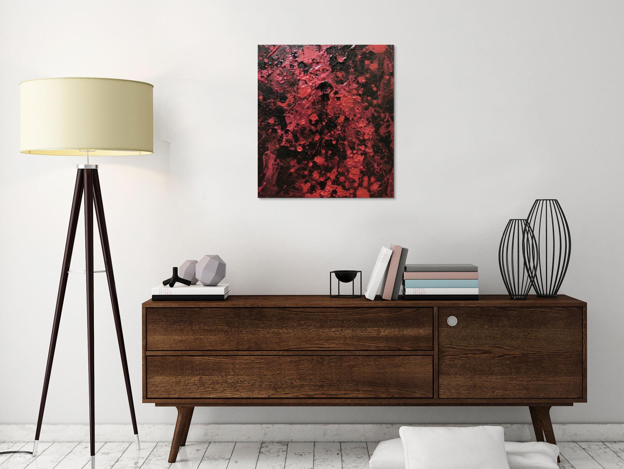 Abstraktes Acrylbild dunkel krapprot schwarz sehr modern Action Painting Splash Art