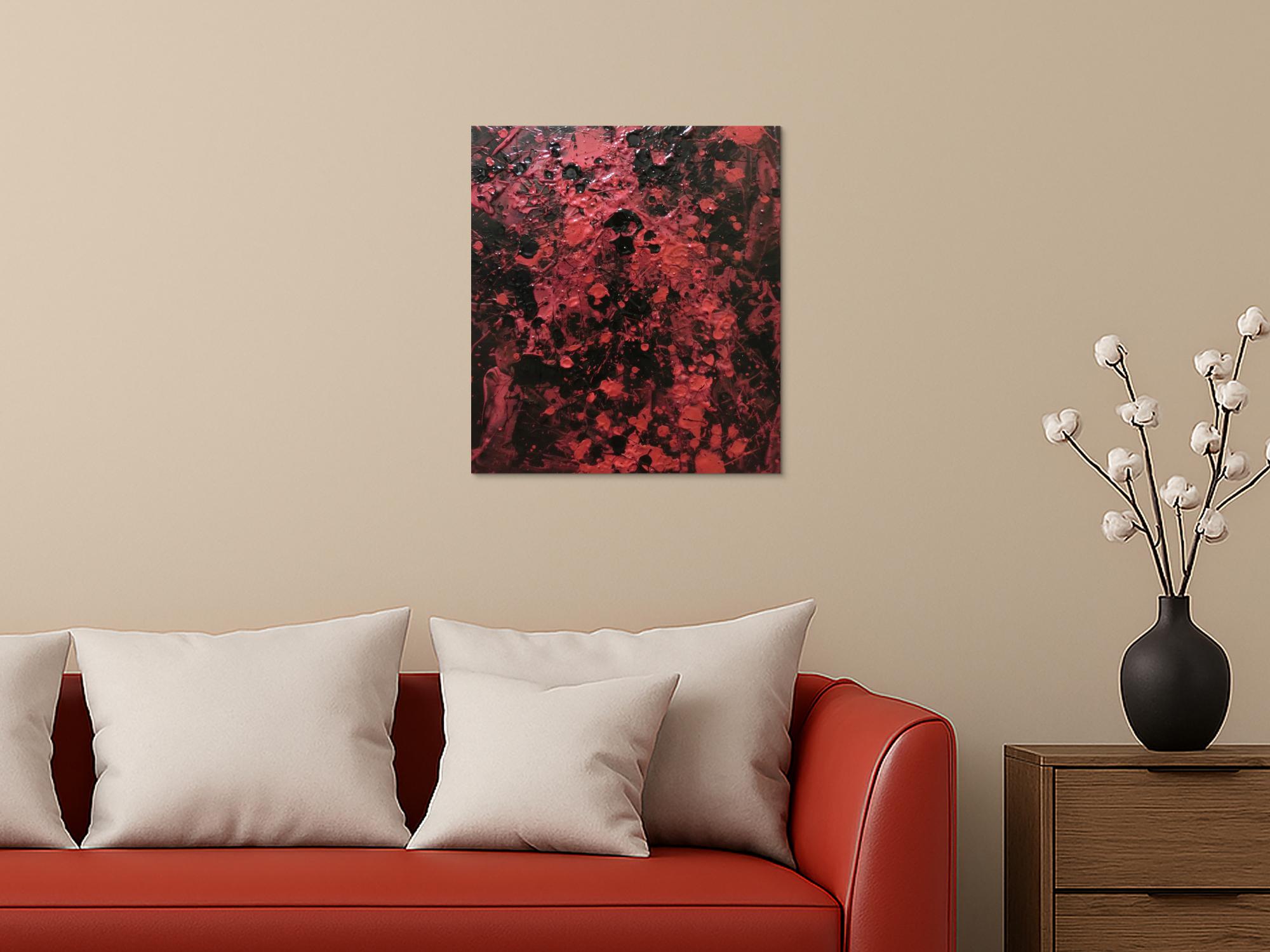 Abstraktes Acrylbild dunkel krapprot schwarz sehr modern Action Painting Splash Art