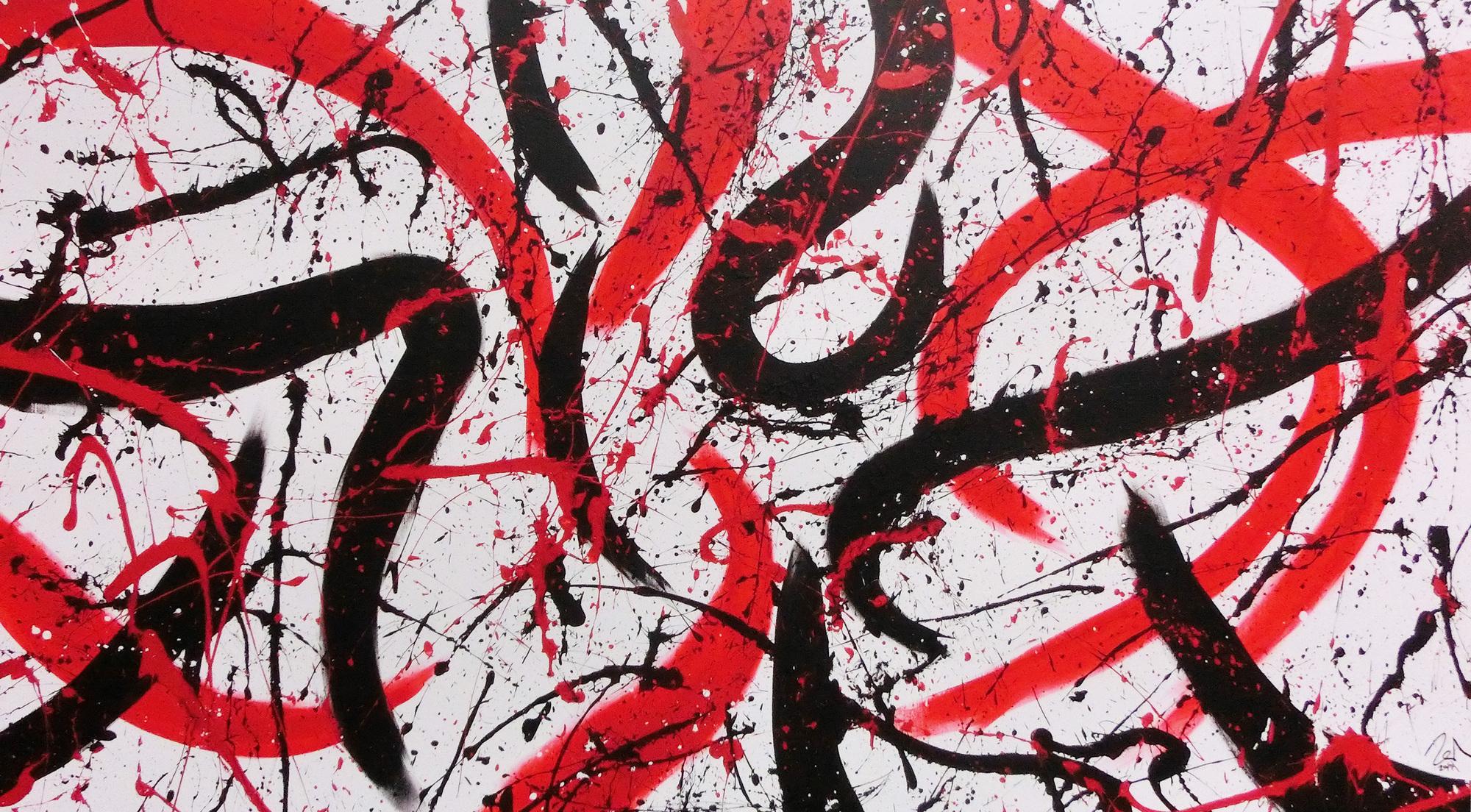 Abstraktes Acrylbild in weiß mit schwarz und rot Action Paitning sehr modern zeitgenössisch