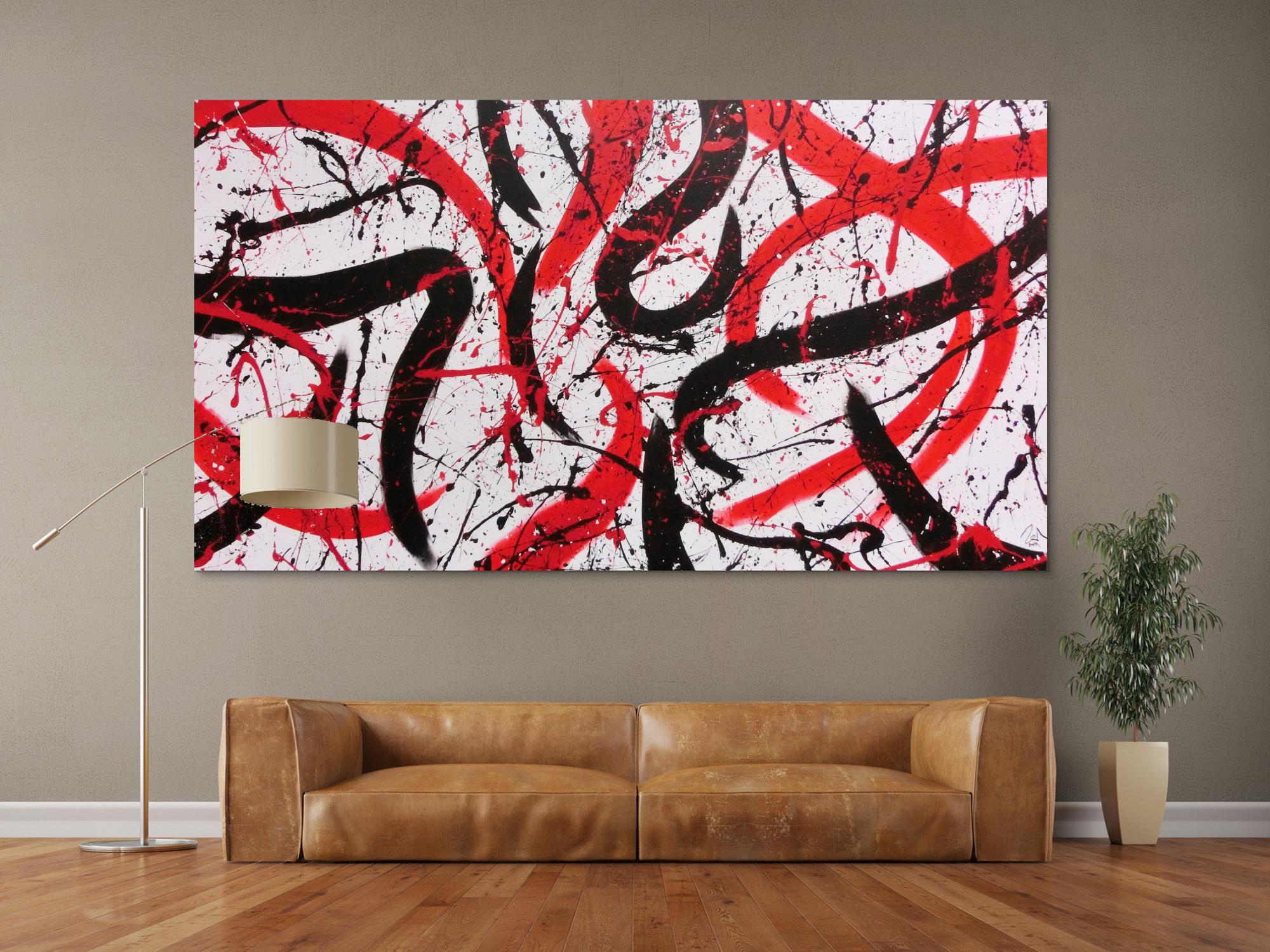 Abstraktes Acrylbild in weiß mit schwarz und rot Action Paitning sehr modern zeitgenössisch