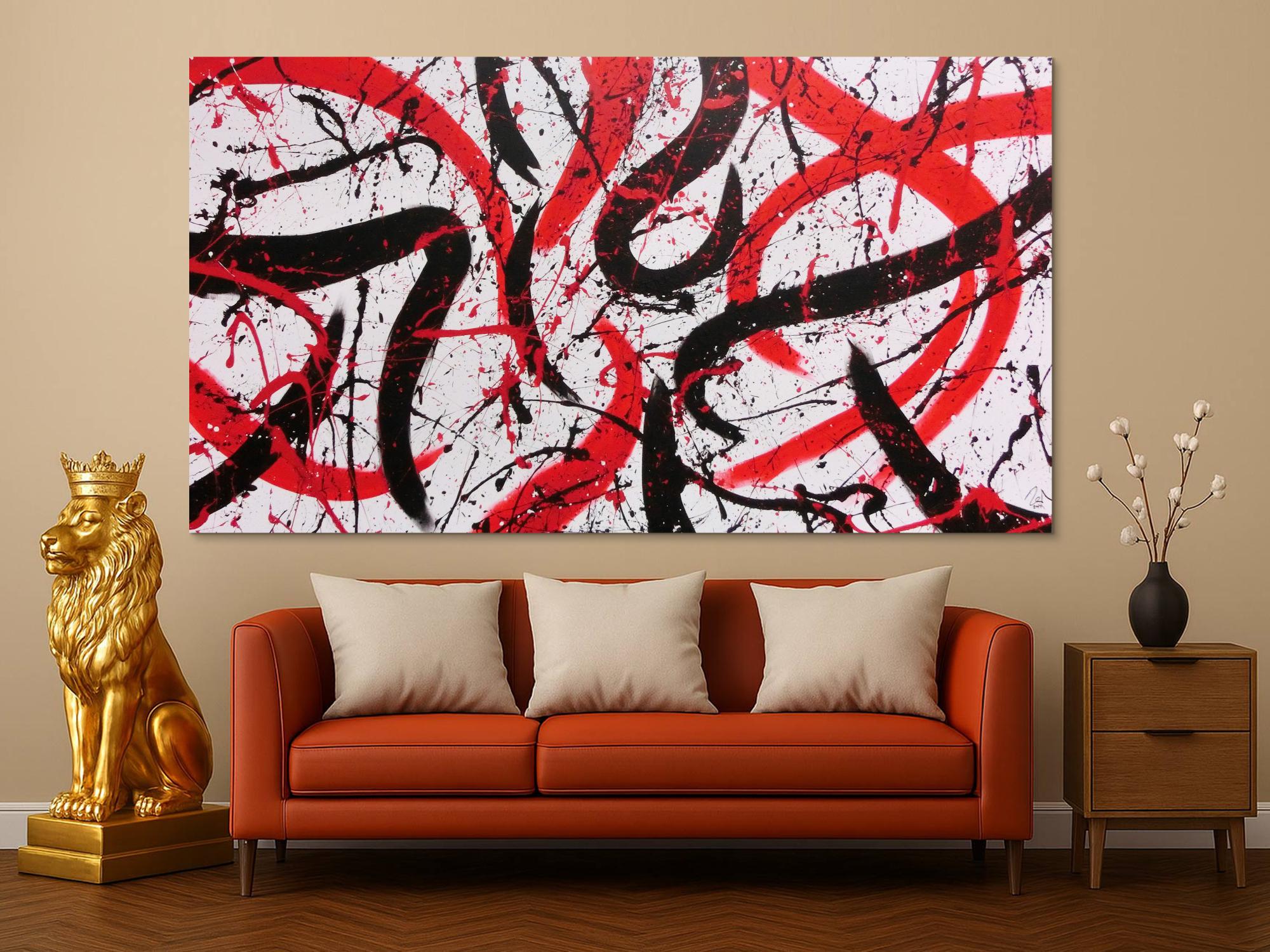 Abstraktes Acrylbild in weiß mit schwarz und rot Action Paitning sehr modern zeitgenössisch