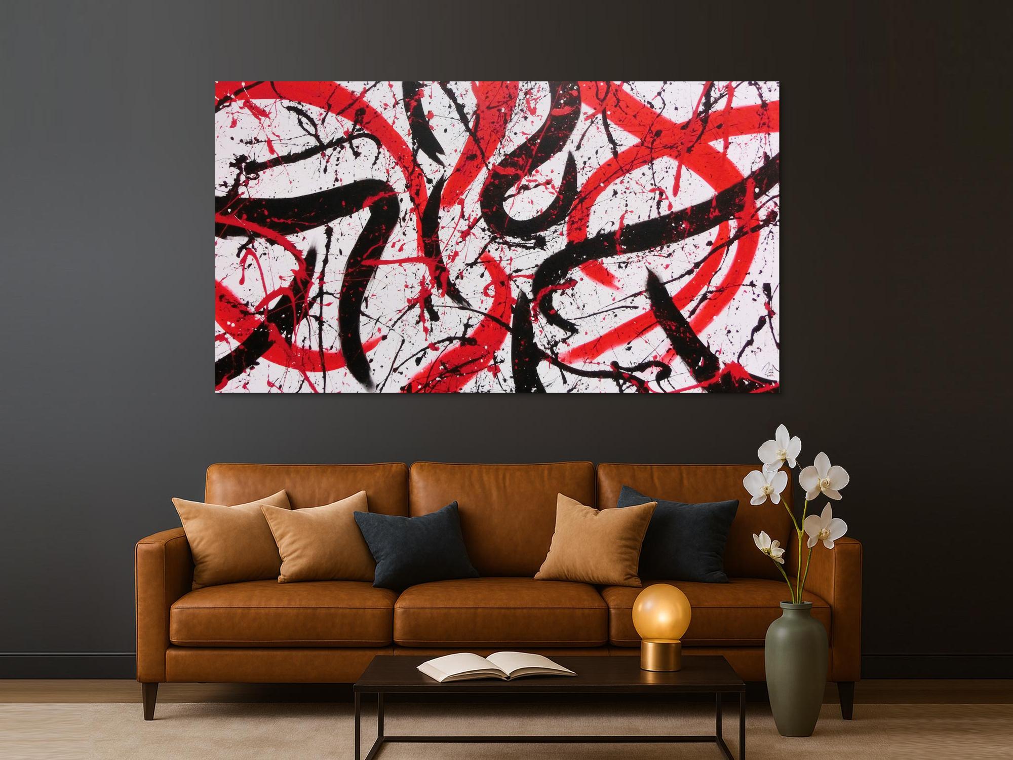 Abstraktes Acrylbild in weiß mit schwarz und rot Action Paitning sehr modern zeitgenössisch