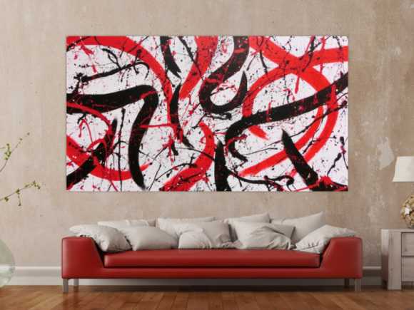 Abstraktes Acrylbild in weiß mit schwarz und rot Action Paitning sehr modern zeitgenössisch