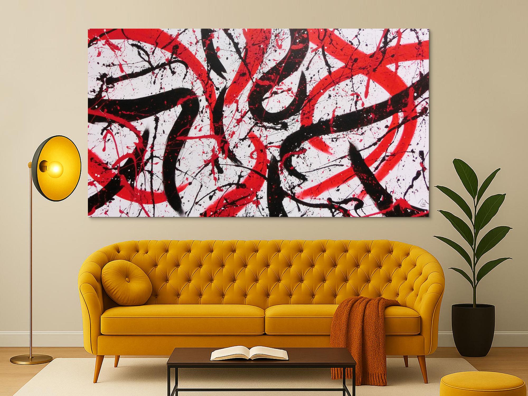 Abstraktes Acrylbild in weiß mit schwarz und rot Action Paitning sehr modern zeitgenössisch