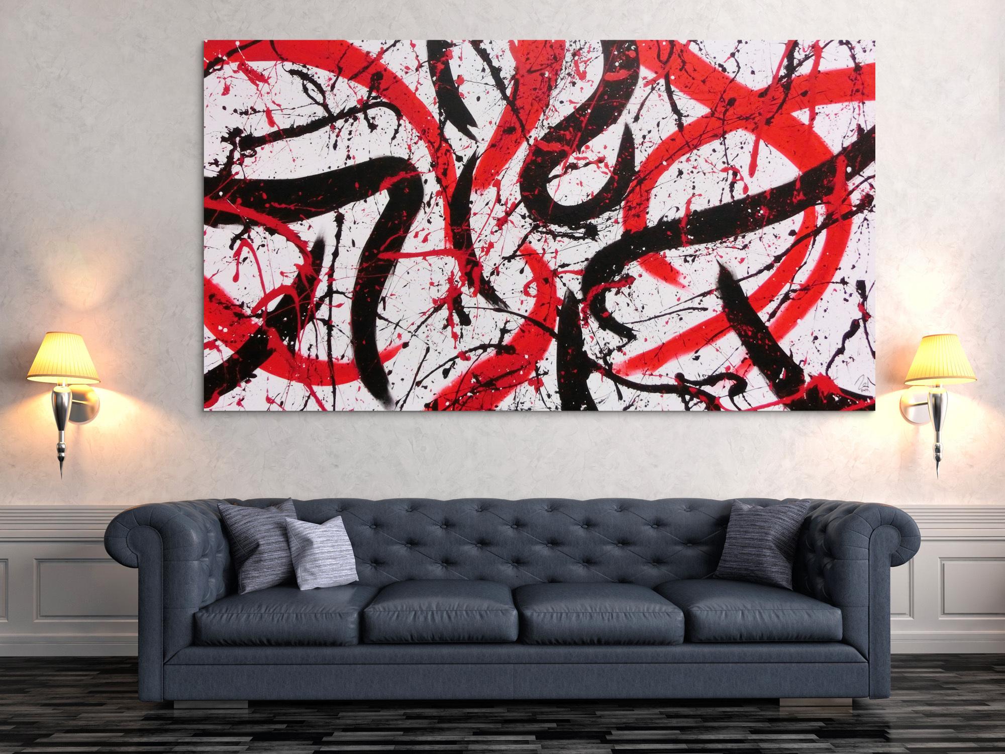 Abstraktes Acrylbild in weiß mit schwarz und rot Action Paitning sehr modern zeitgenössisch