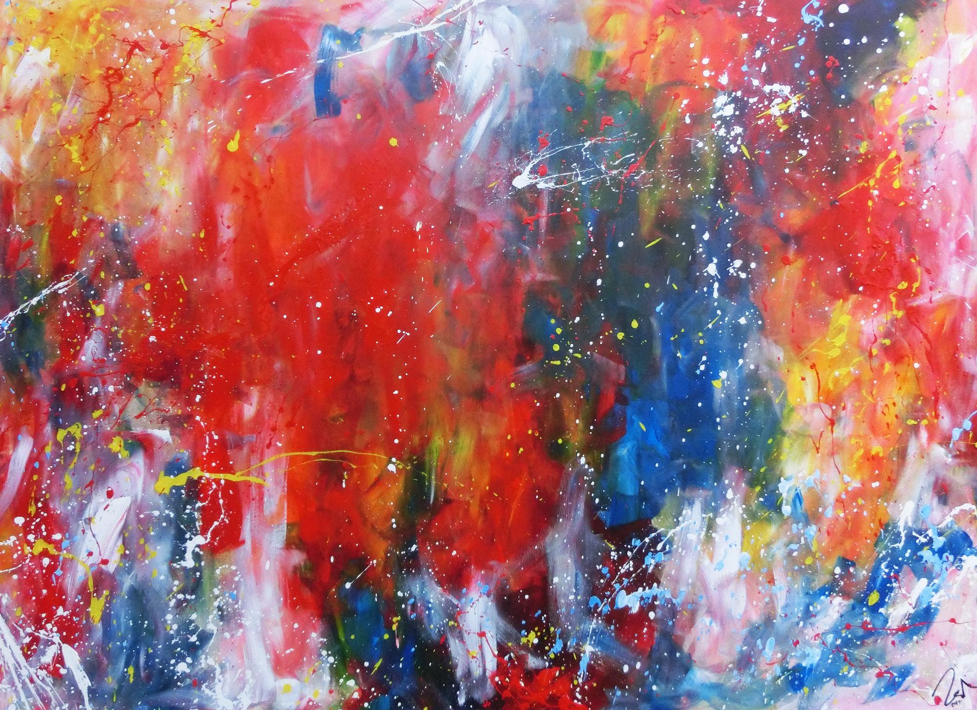 Abstraktes Acrylbild sehr bunt modern Art Mischtechnik Action Painting viele Farben rot blau gelb weiß