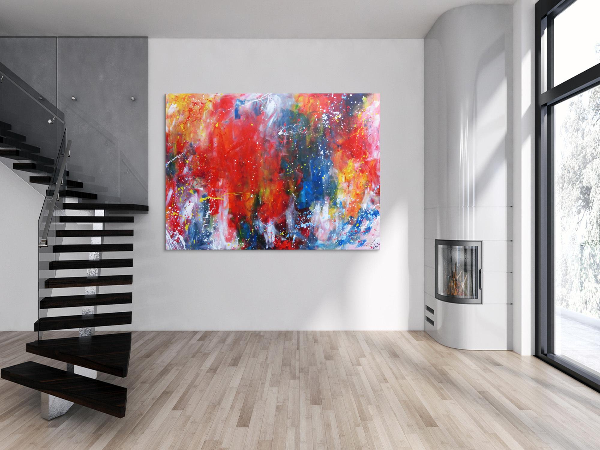 Abstraktes Acrylbild sehr bunt modern Art Mischtechnik Action Painting viele Farben rot blau gelb weiß