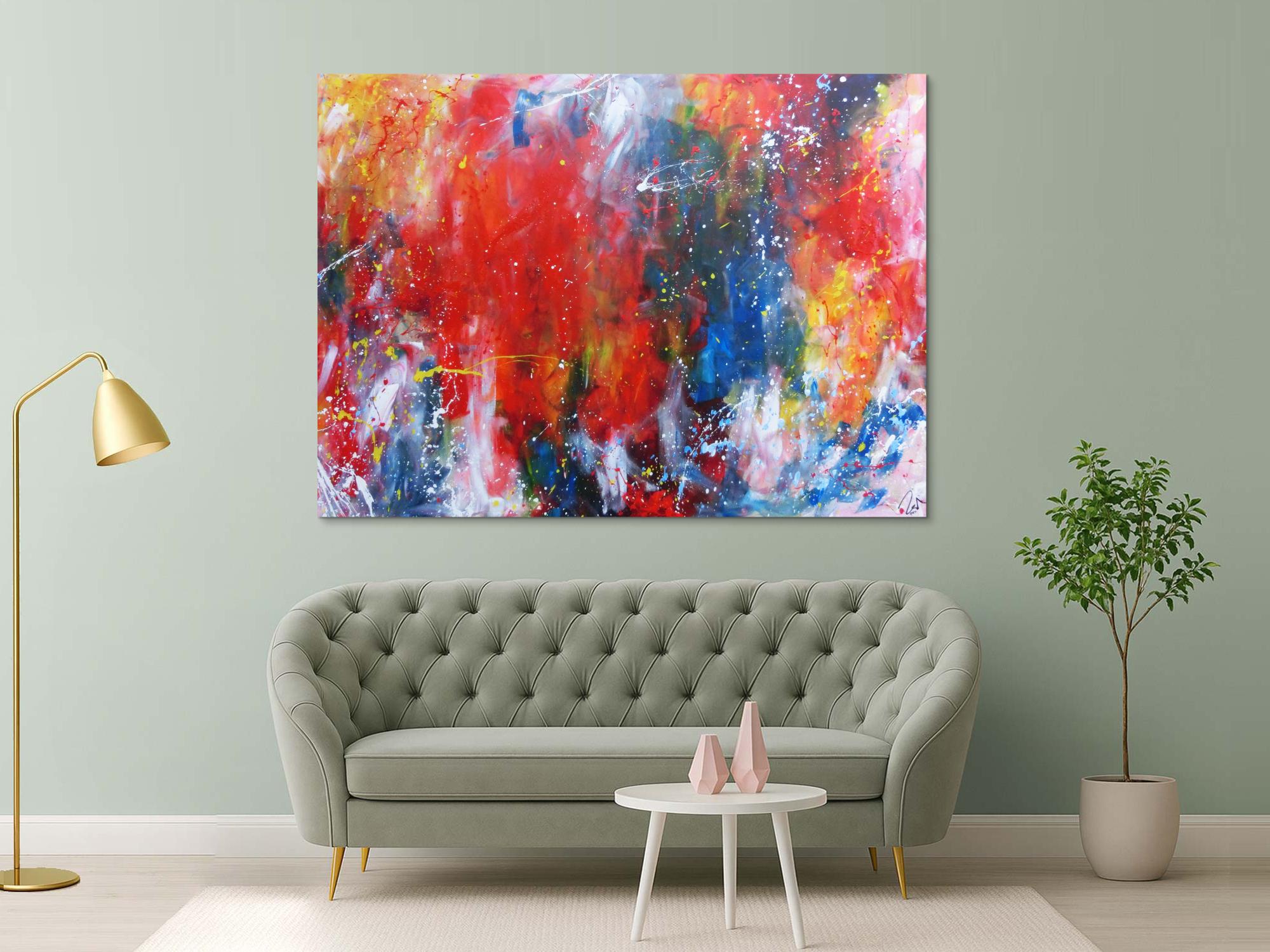 Abstraktes Acrylbild sehr bunt modern Art Mischtechnik Action Painting viele Farben rot blau gelb weiß