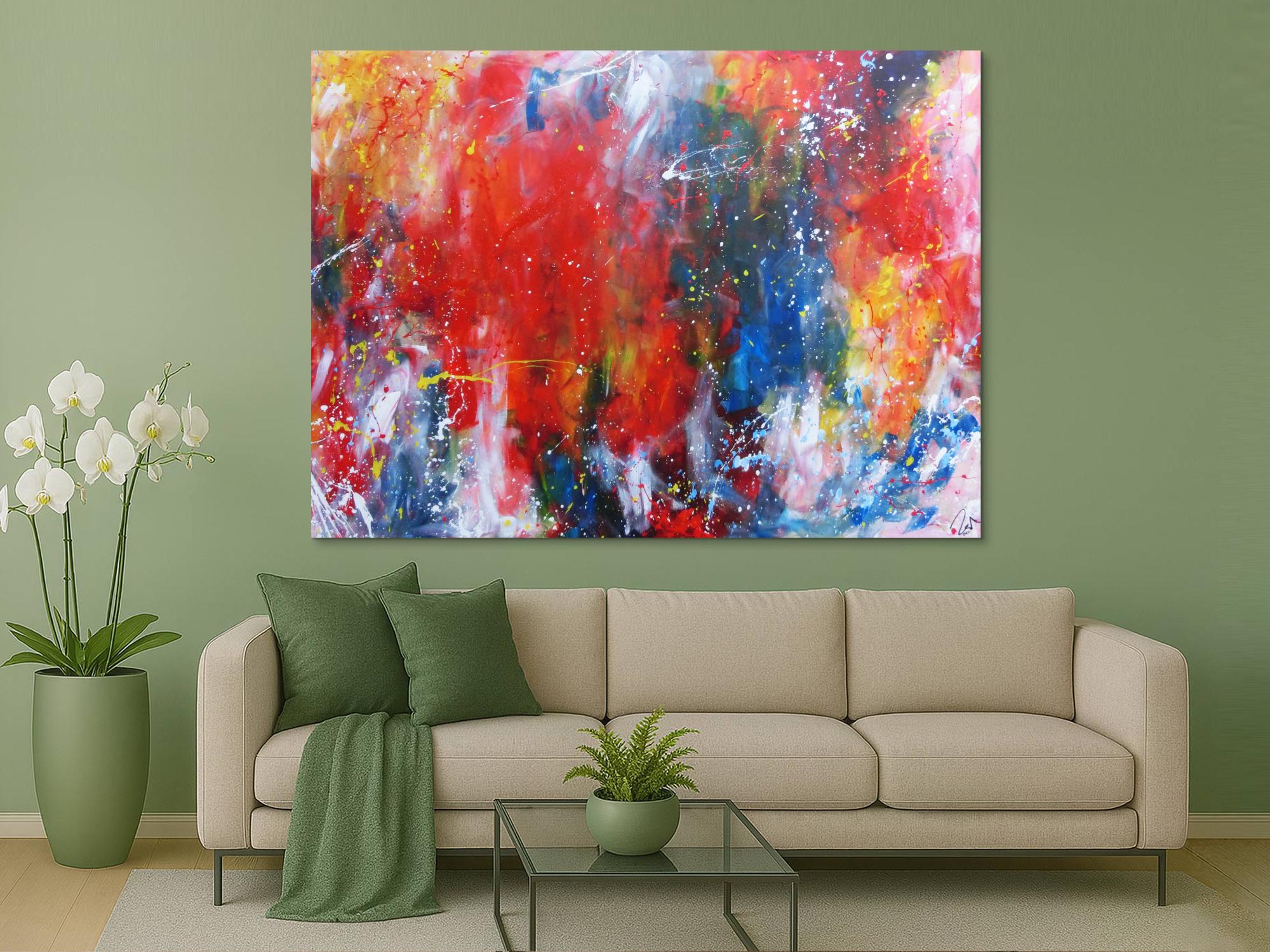 Abstraktes Acrylbild sehr bunt modern Art Mischtechnik Action Painting viele Farben rot blau gelb weiß