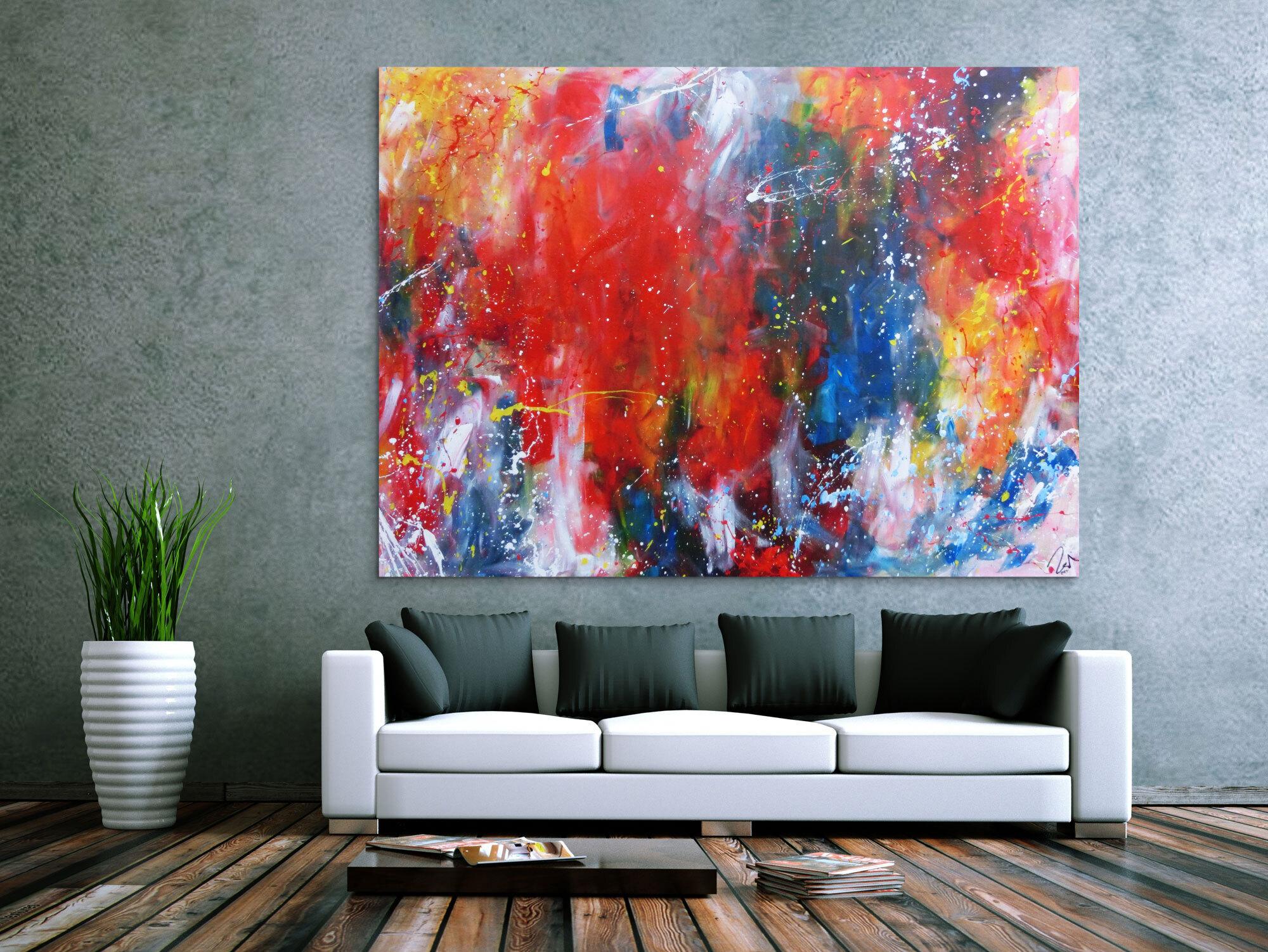 Abstraktes Acrylbild sehr bunt modern Art Mischtechnik Action Painting viele Farben rot blau gelb weiß