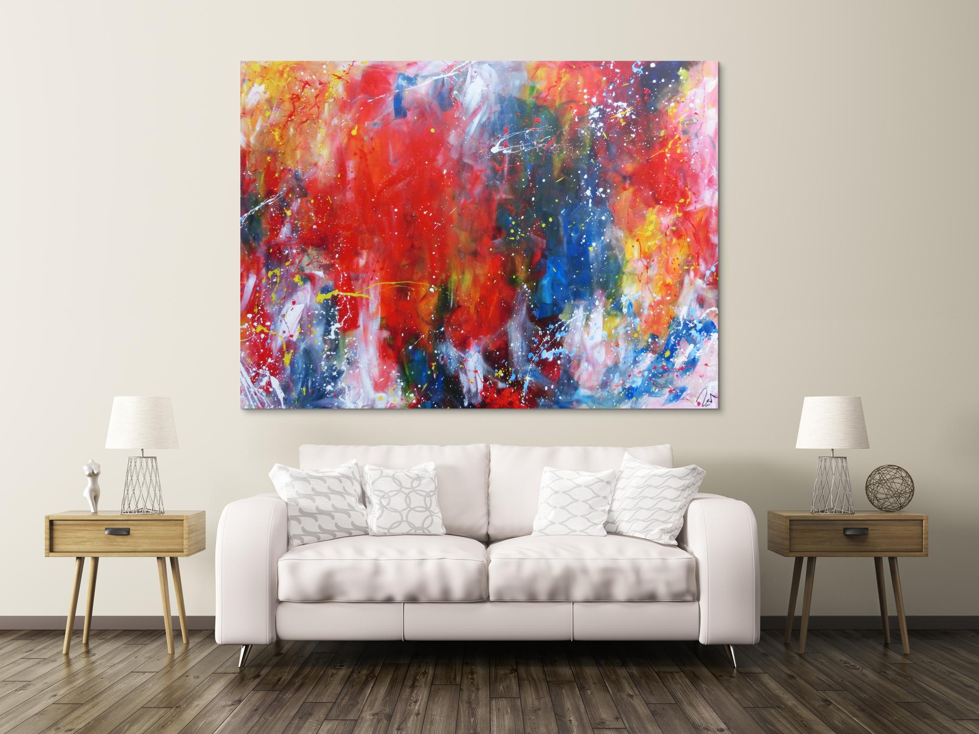 Abstraktes Acrylbild sehr bunt modern Art Mischtechnik Action Painting viele Farben rot blau gelb weiß