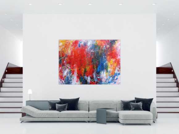 Abstraktes Acrylbild sehr bunt modern Art Mischtechnik Action Painting viele Farben rot blau gelb weiß