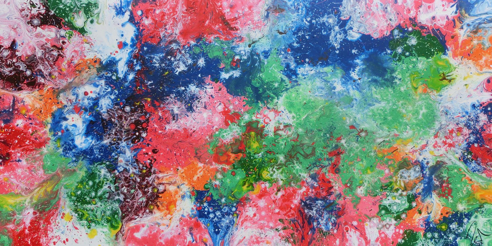 Abstraktes Acrylbild sehr bunt Fluid Painting Fließtechnik modernes Gemälde viele Farben