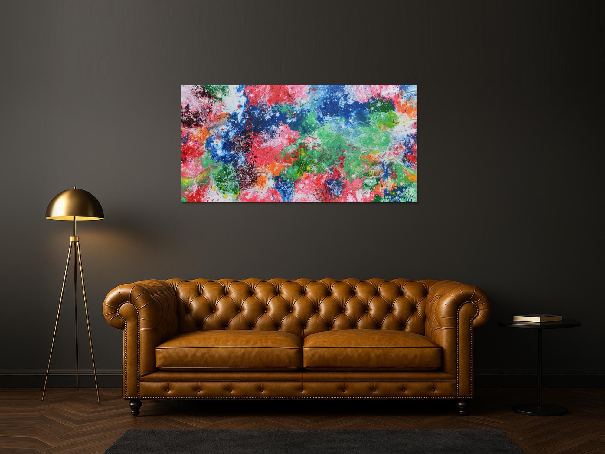 Abstraktes Acrylbild sehr bunt Fluid Painting Fließtechnik modernes Gemälde viele Farben