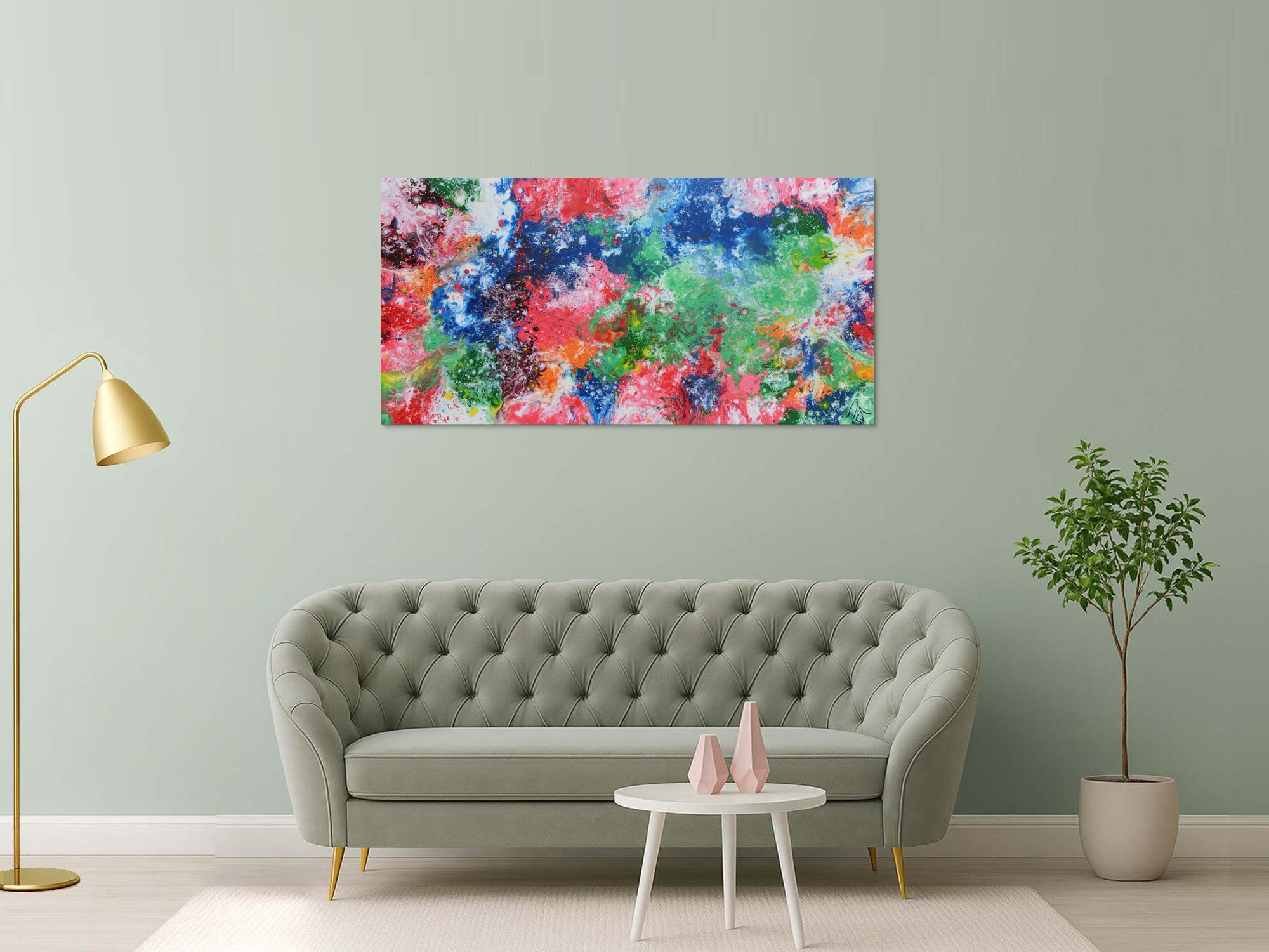 Abstraktes Acrylbild sehr bunt Fluid Painting Fließtechnik modernes Gemälde viele Farben